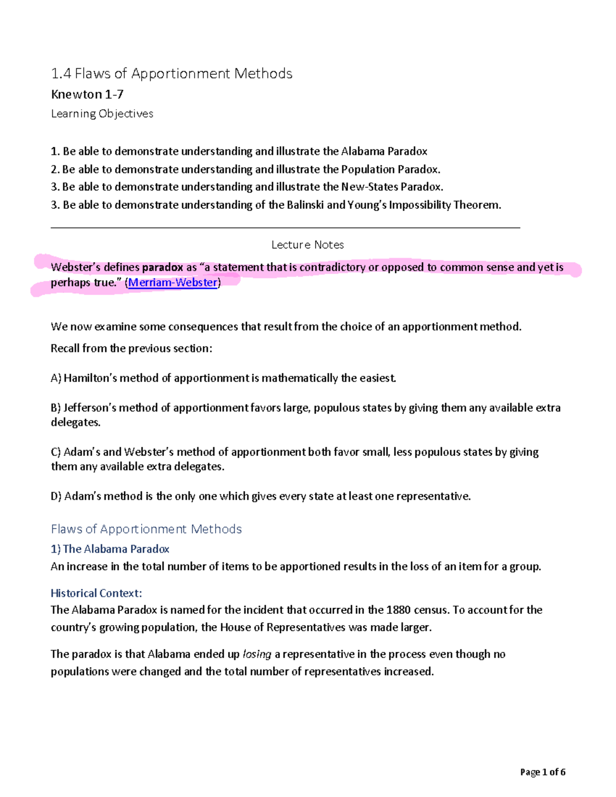 1580+Module+1.4+Student+Notes - 1 Flaws of Apportionment Methods ...