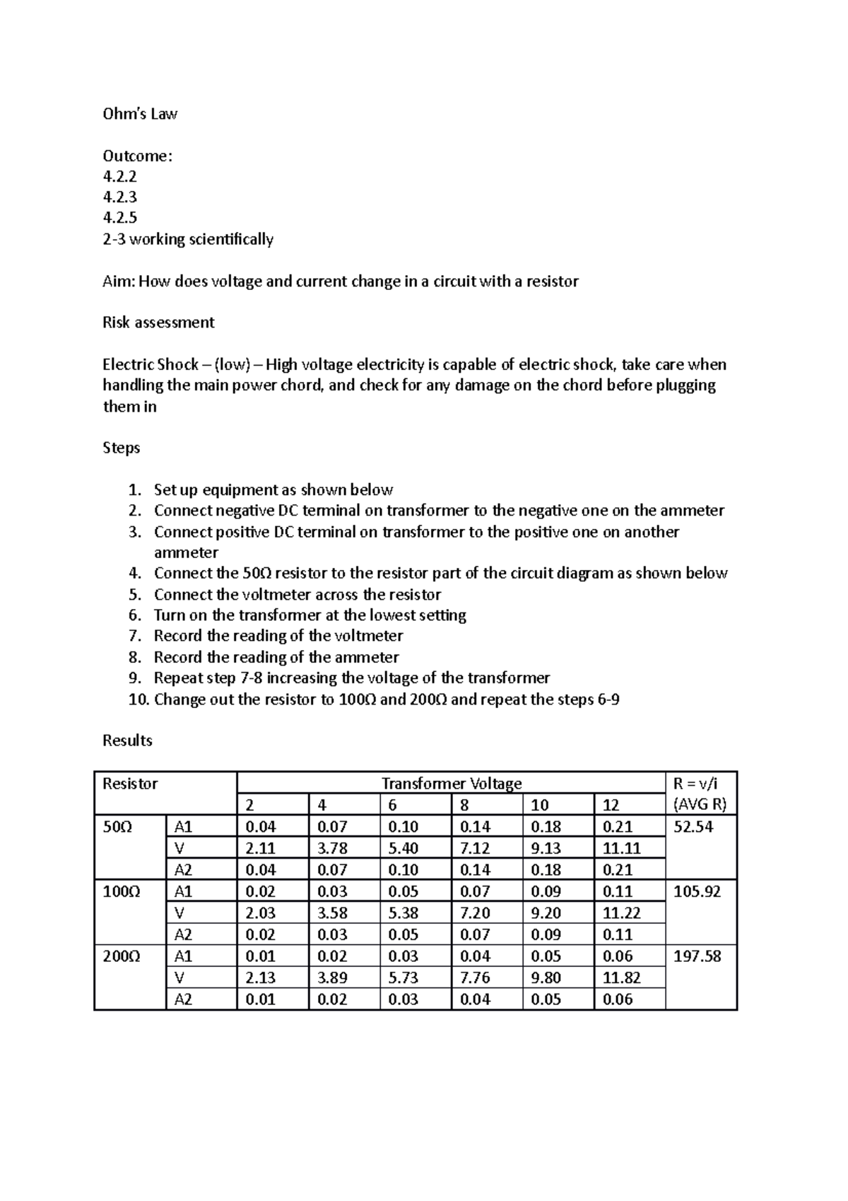 Ohm's Law - Experiment for Ohm's Law and an extension question to ...