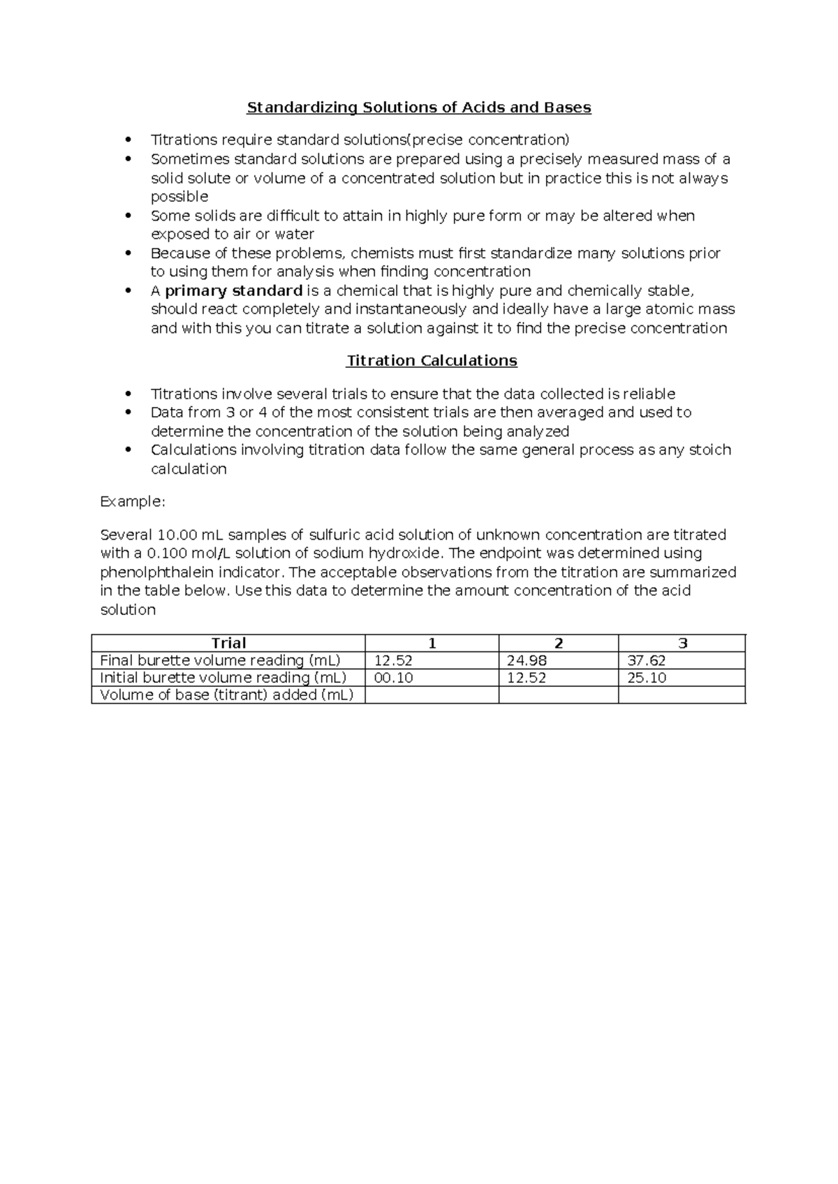 Titration calculation note 2012 Standardizing Solutions of Acids and