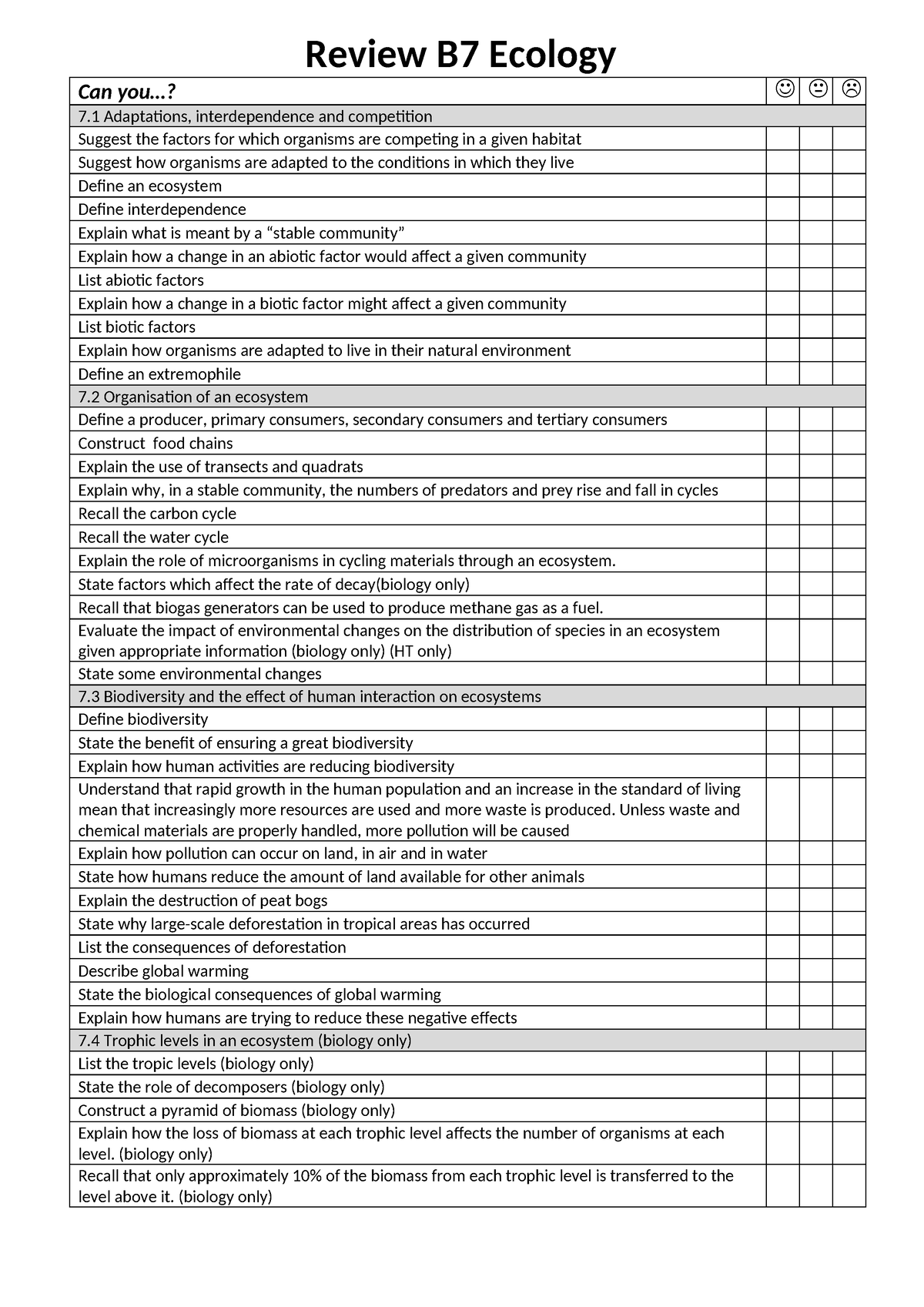 B7 - Ecology - none - Review B7 Ecology Can you...? 7 Adaptations ...