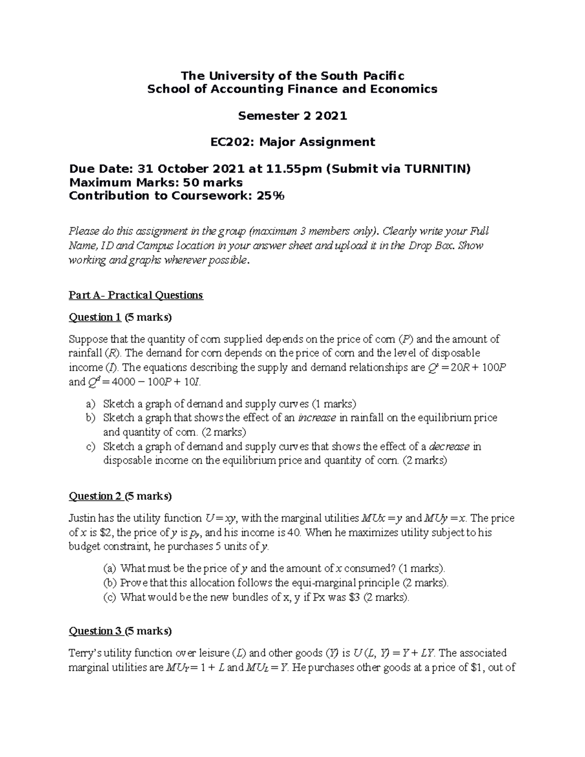 EC202 Major Assignment - Intermediate Microeconomics - USP - Studocu