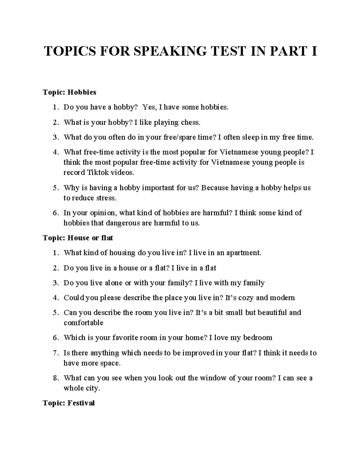 Questions AND Topics FOR Speaking TEST IN PART I - TOPICS FOR SPEAKING ...