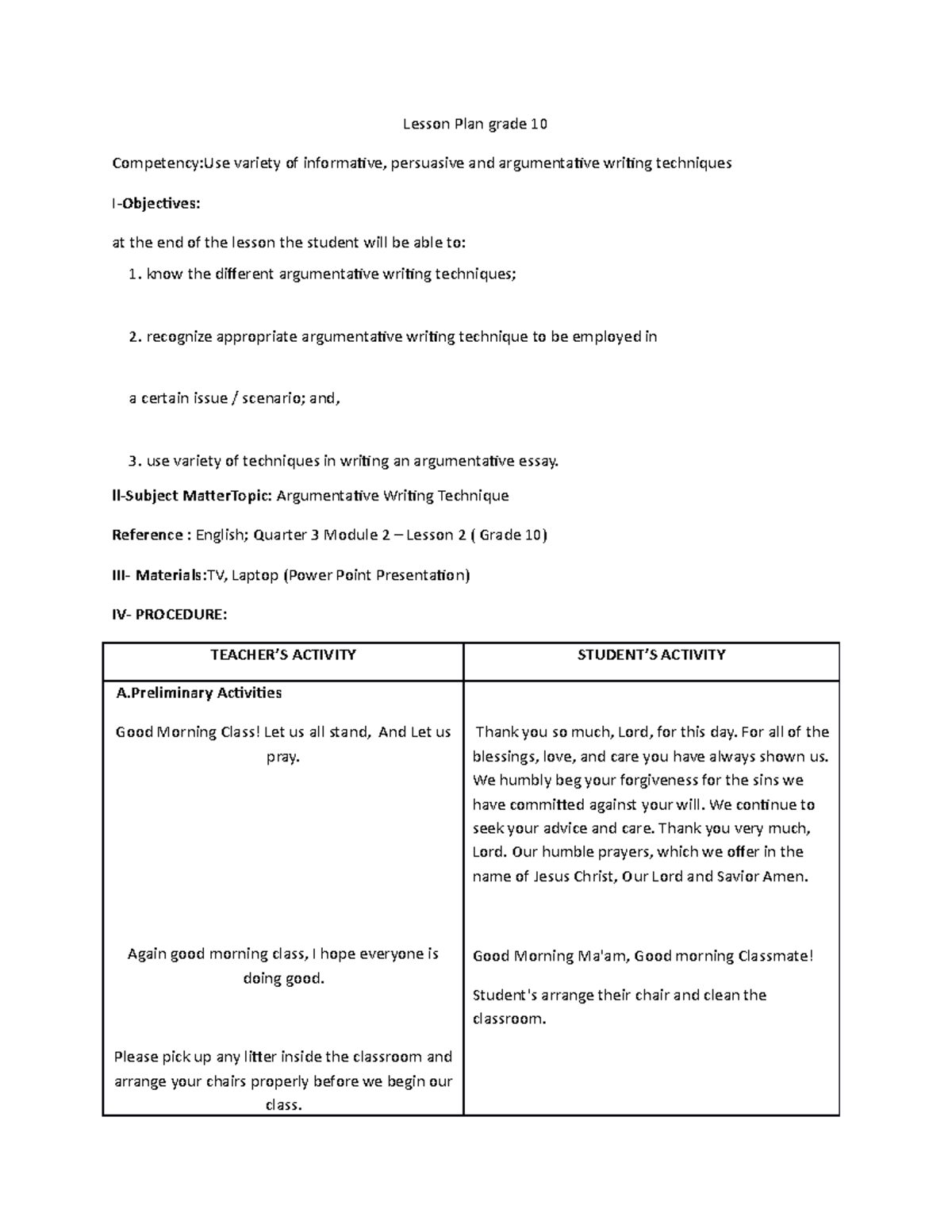 Lesson Plan In English Argumentative Techniques - Lesson Plan Grade 10 ...