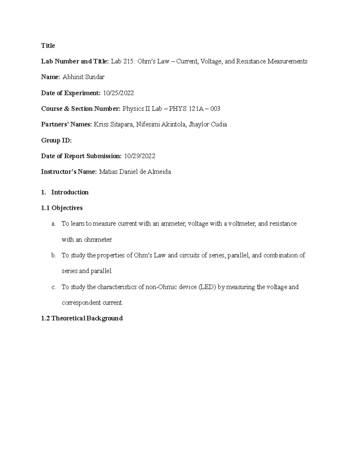 Lab 215 Ohm's Law Current, Voltage, and Resistance Measurements