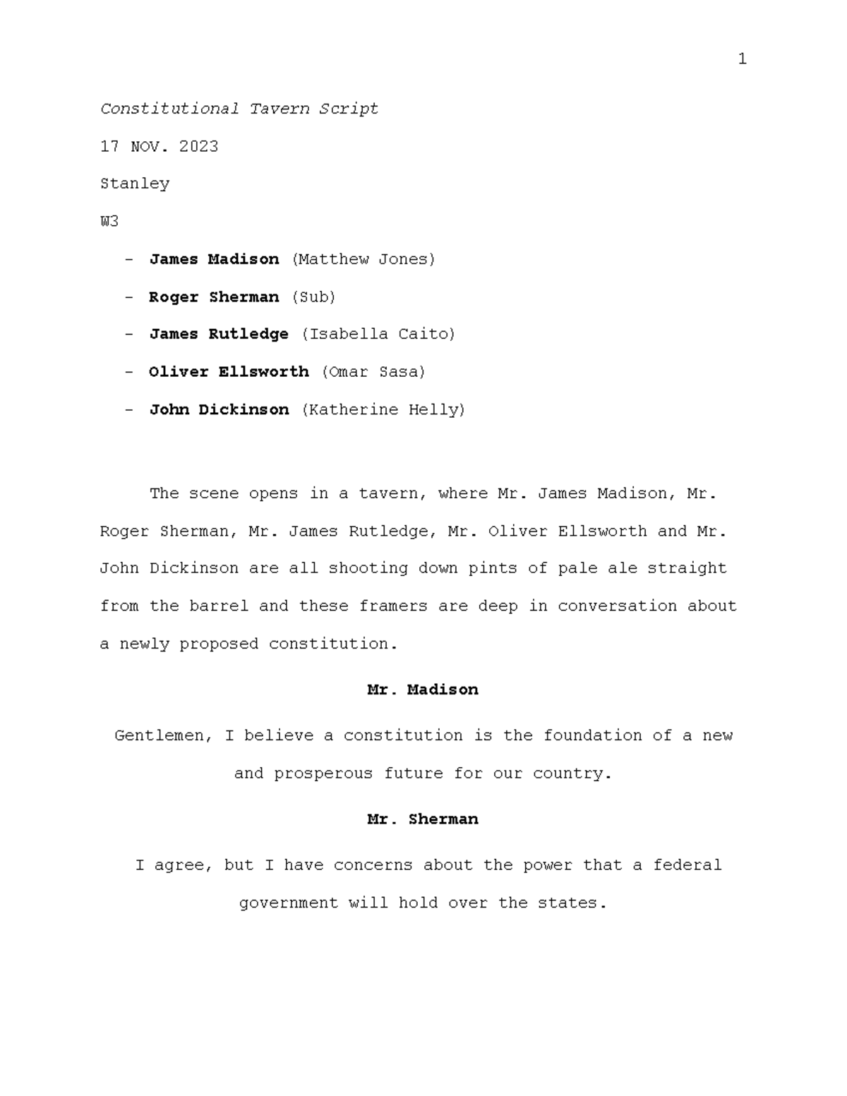 Constitutional Tavern Script - 2023 Stanley W - James Madison (Matthew ...