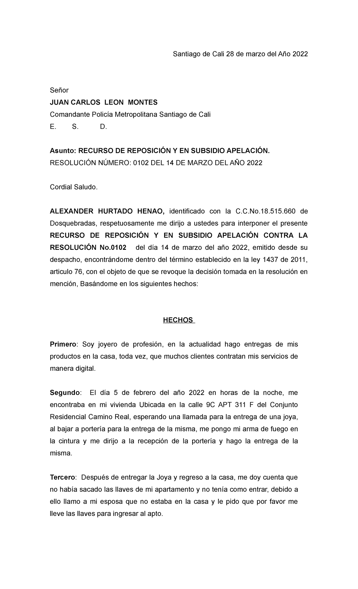 Modelo De Recurso De Reposicion Frente A Comandante De Policía De Cali