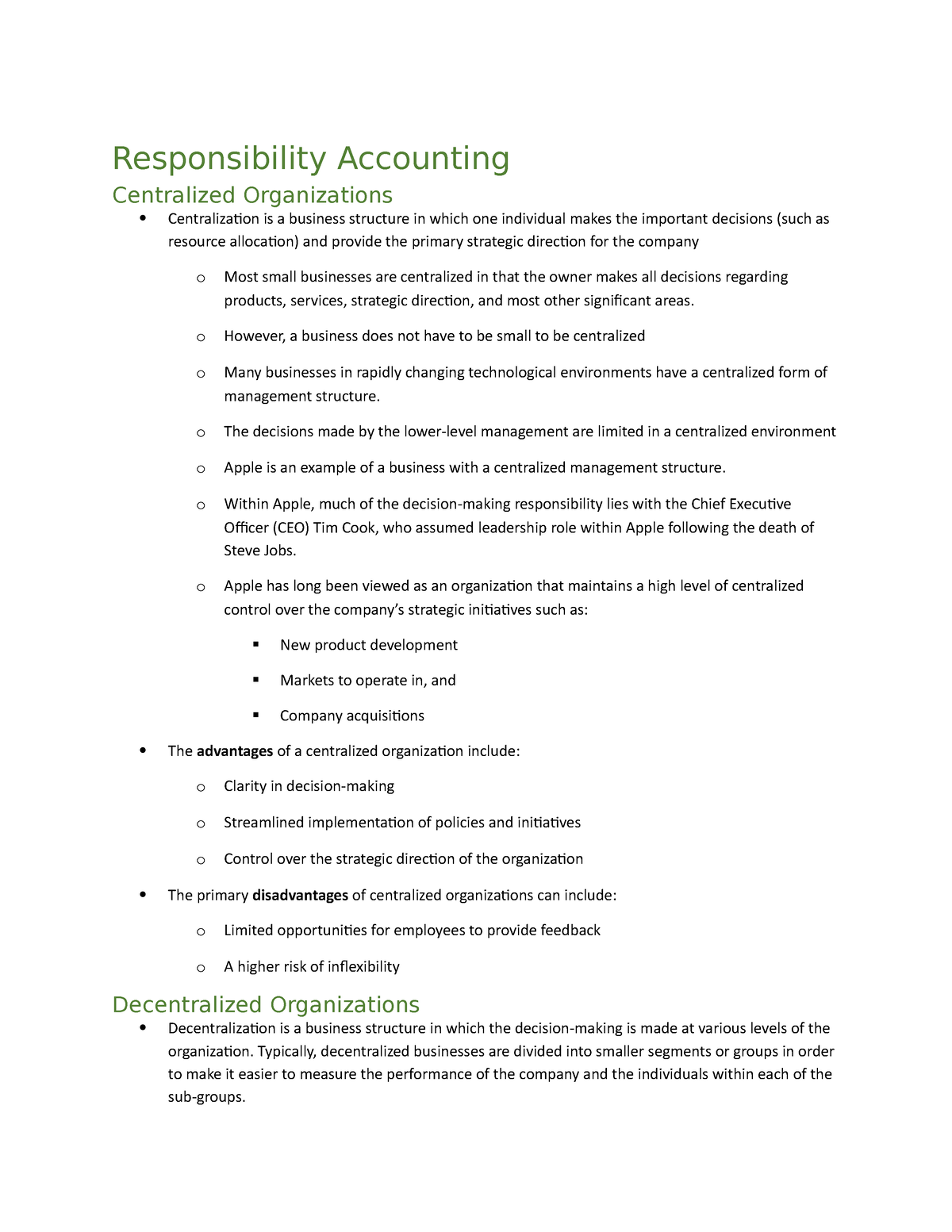 Responsibility Accounting - Centralization And Decentralization ...