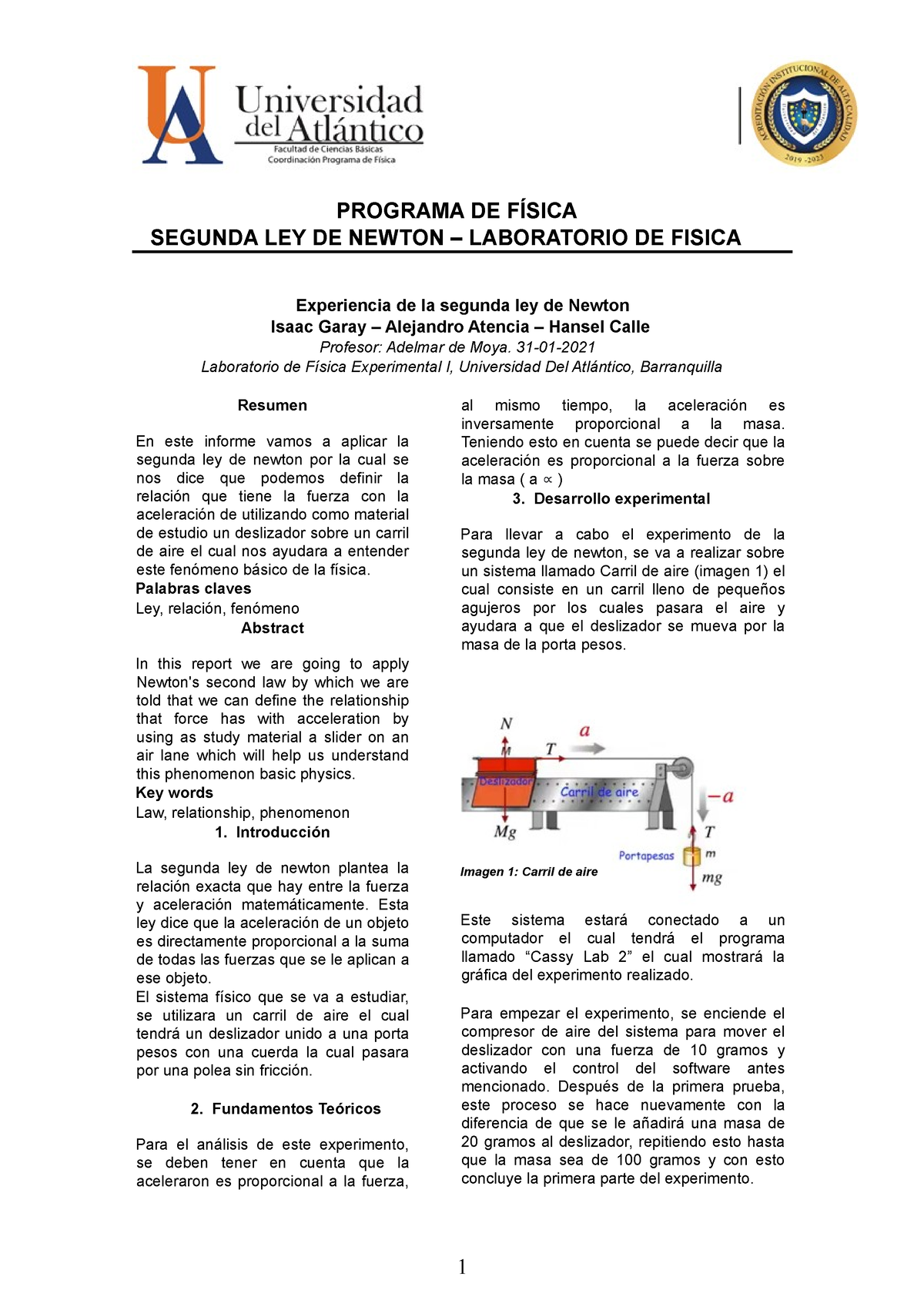 Experiencia 2da Ley De Newton Programa De FÍsica Segunda Ley De