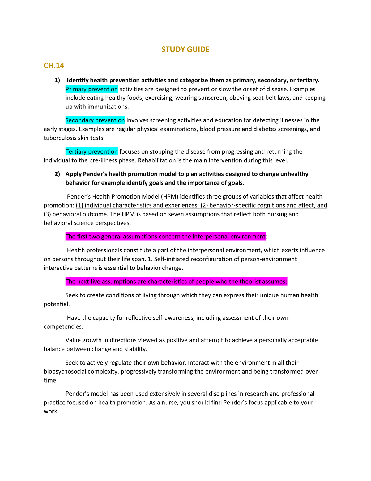 14-22 - Summaries - STUDY GUIDE CH. Identify Health Prevention ...