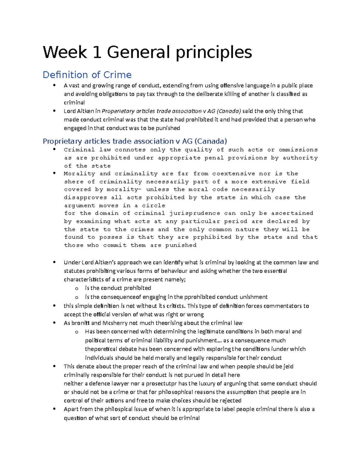 criminal law week 1 notes - Week 1 General principles Definition of ...