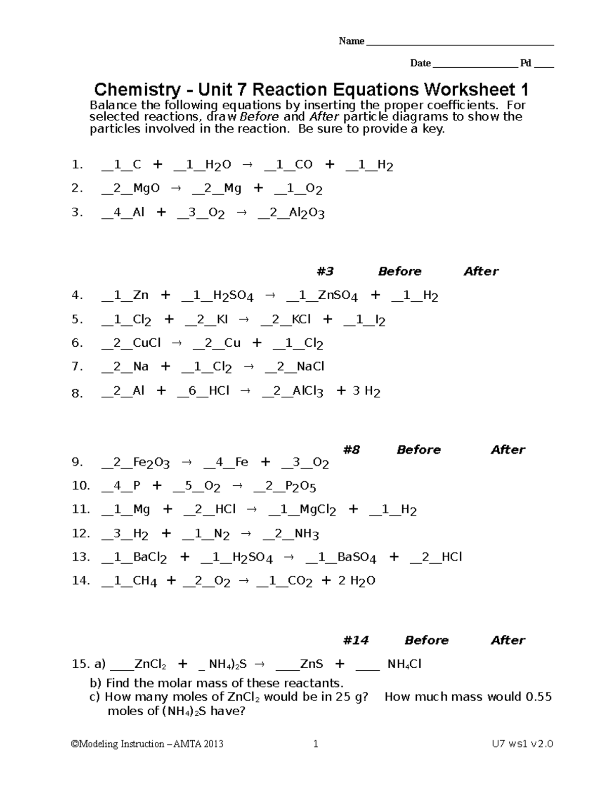 03 ws1 Bal Eq - aaa - Name Date Pd Chemistry - Unit 7 Reaction ...