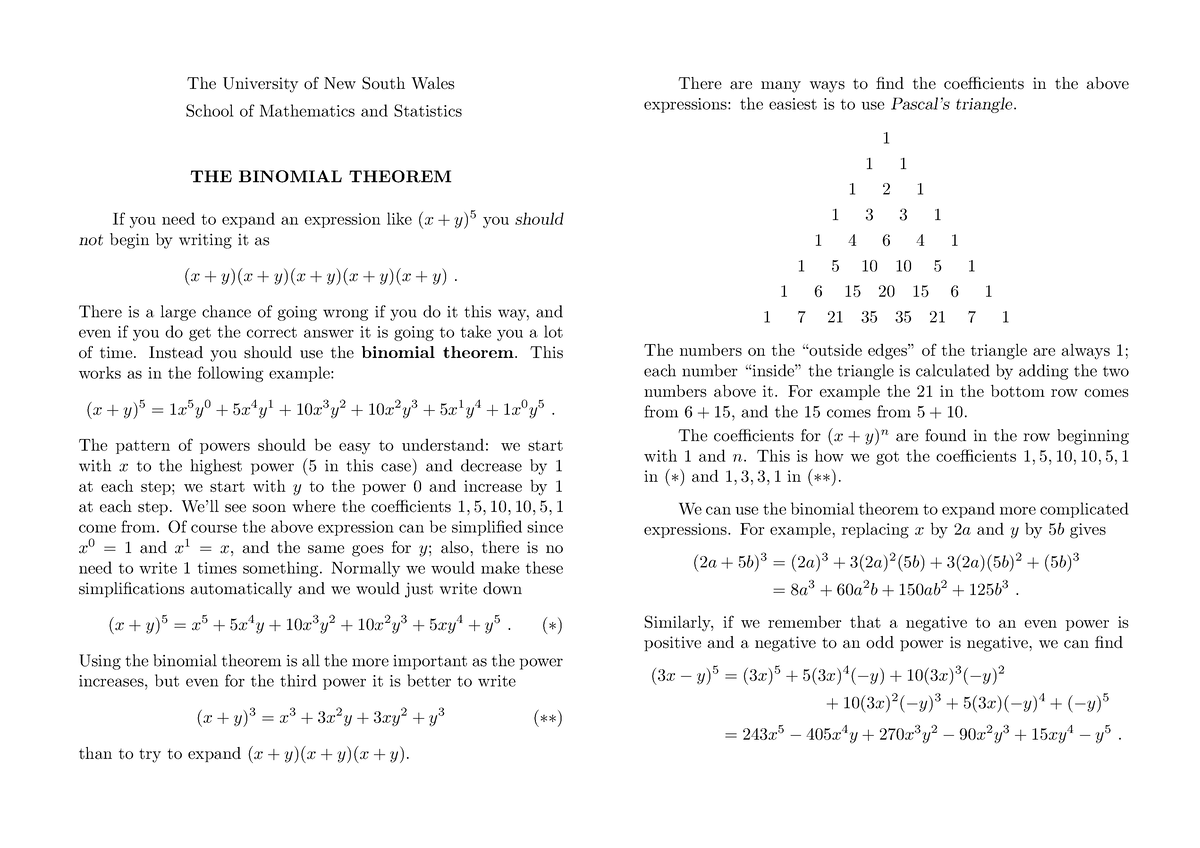 Binomial Theorem Basic Math The University Of New South Wales School Of Mathematics And Studocu