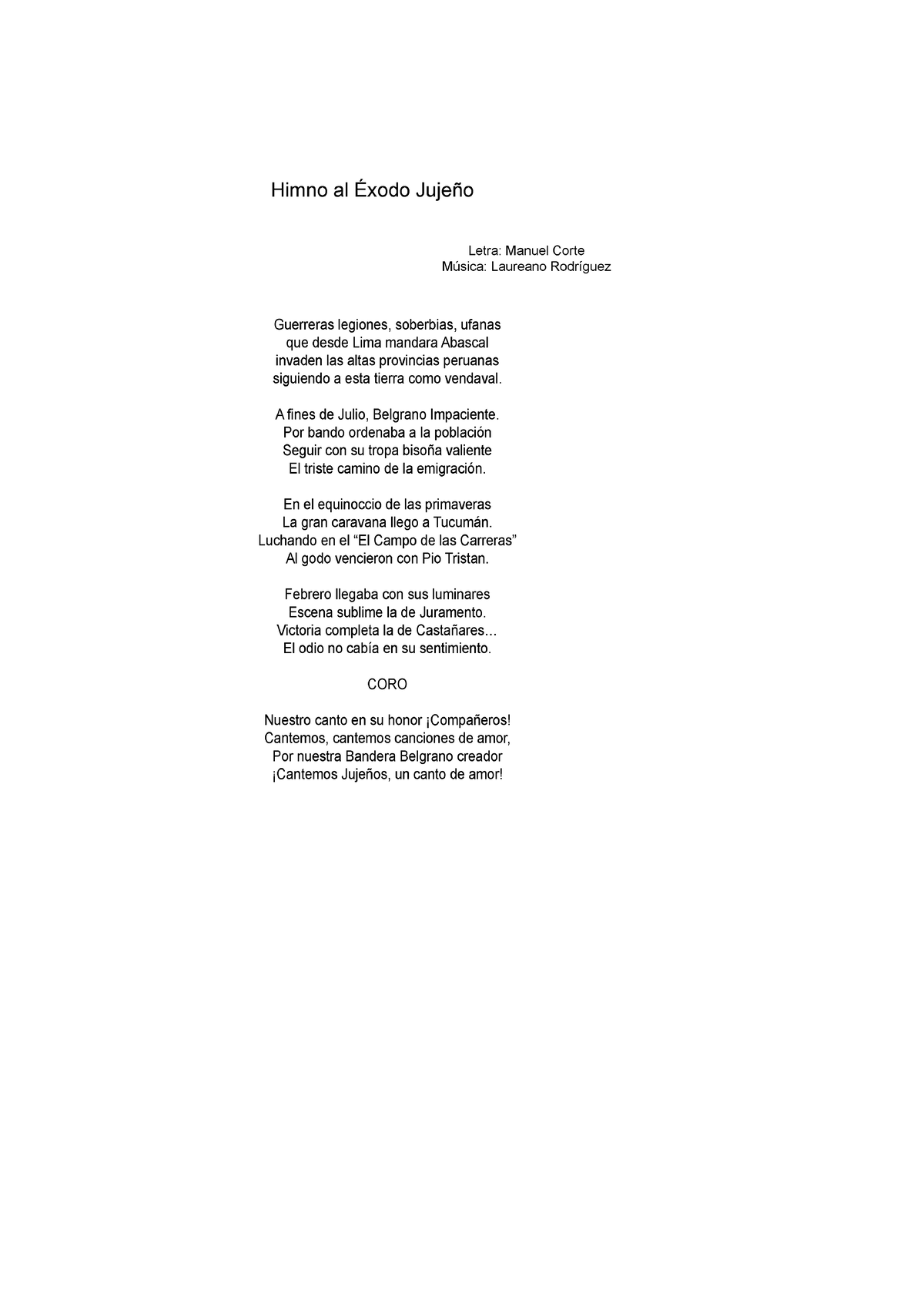 Himno a jujuy - Himno al Éxodo Jujeño Letra: Manuel Corte Música ...