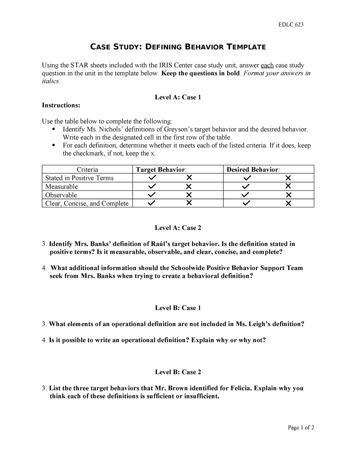 case study defining behavior template