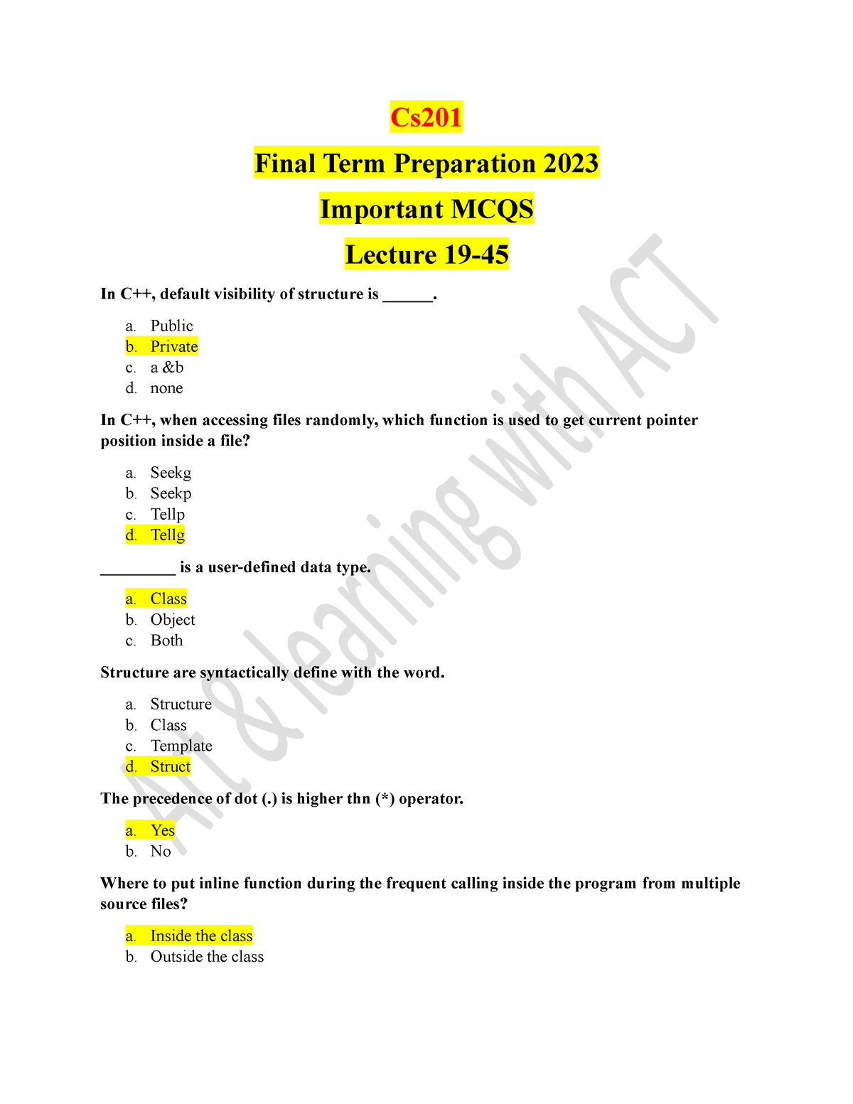 Cs201 Final Term Mcqs - Cs Final Term Preparation 2023 Important MCQS ...