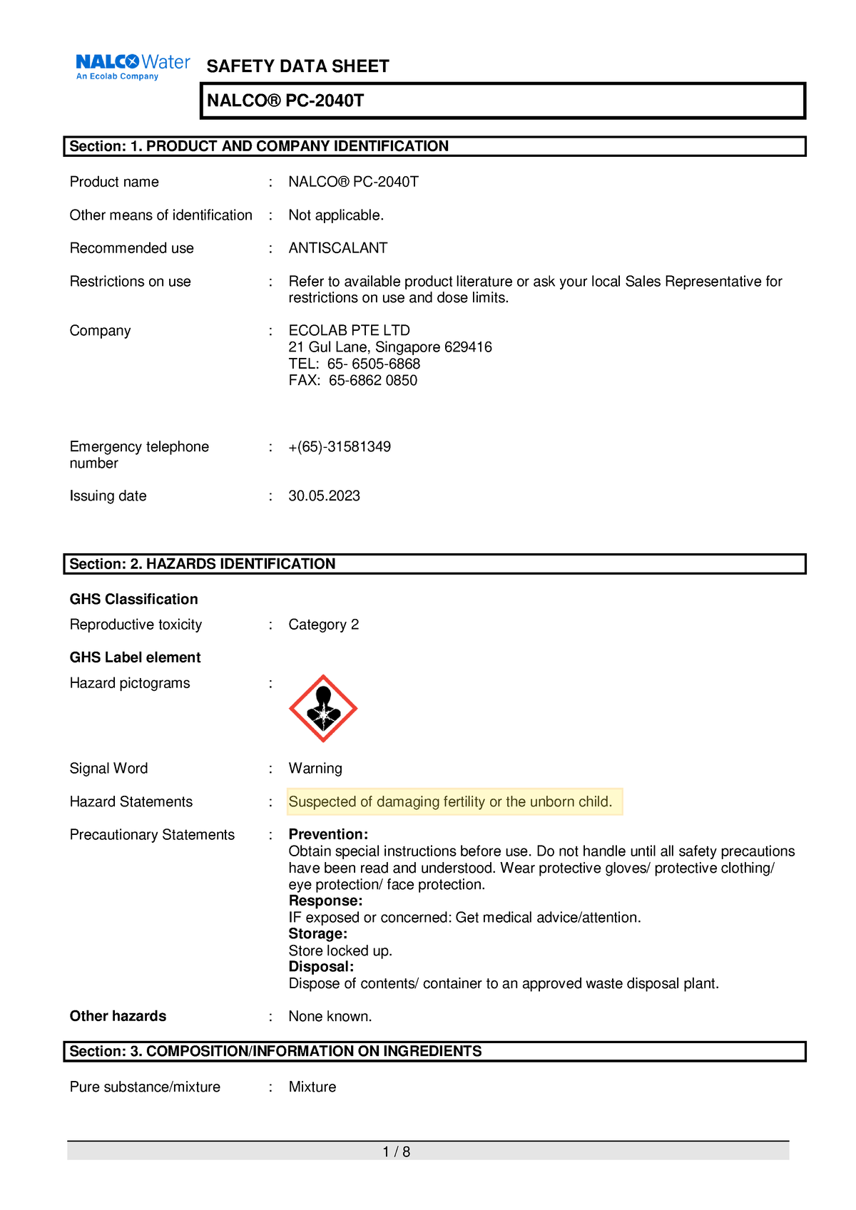 SDS PC2040T Supplement materials NALCO® PC2040T Section 1