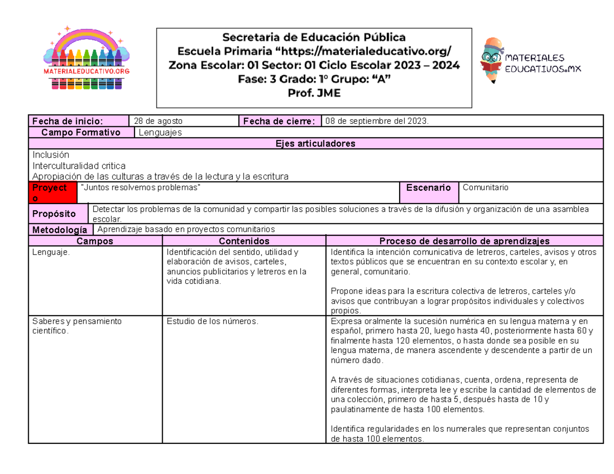 Proyecto 1er Grado Proyectos Comunitarios Esbozo - Fecha de inicio: 28 ...