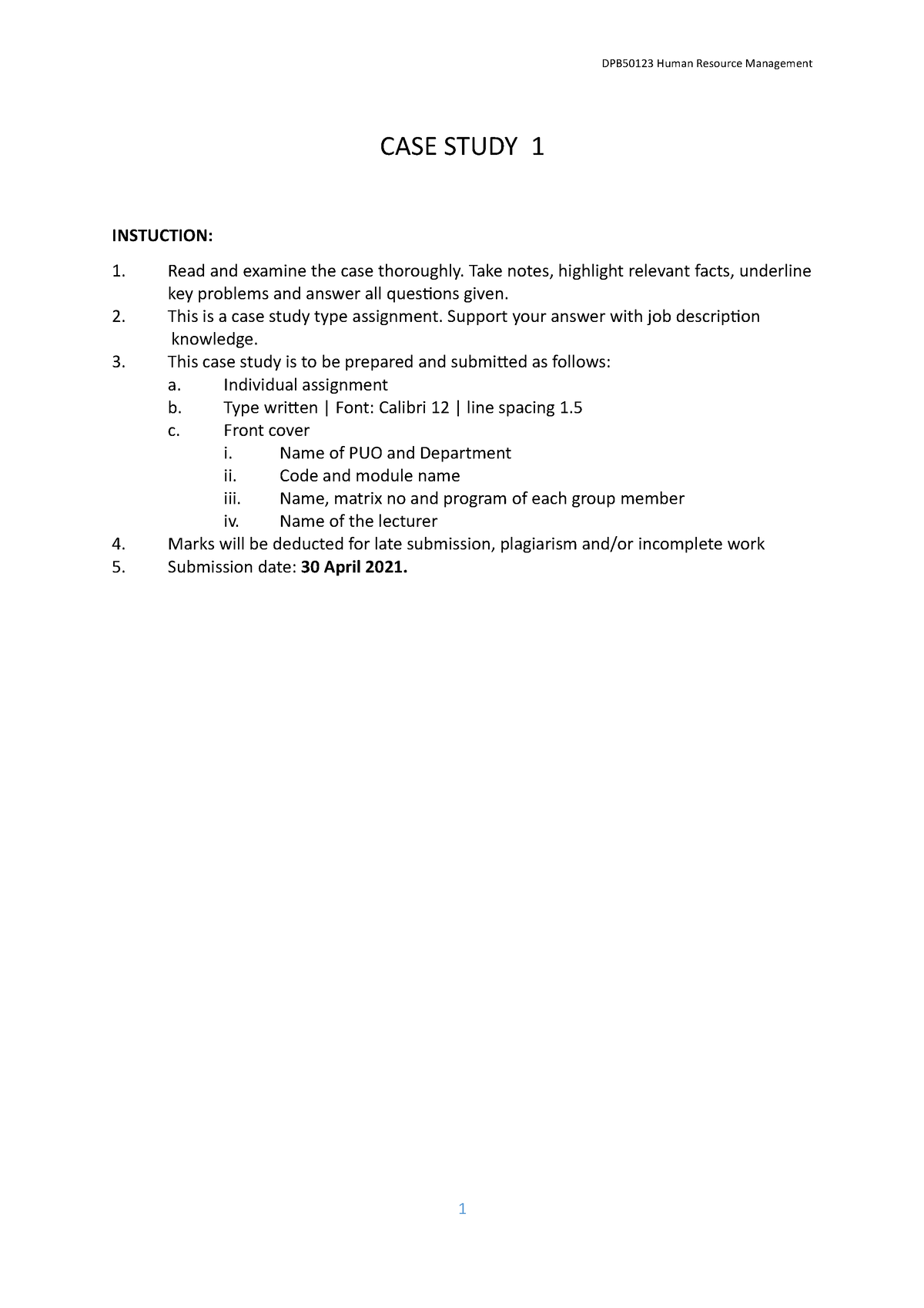 human resource management case study assignment