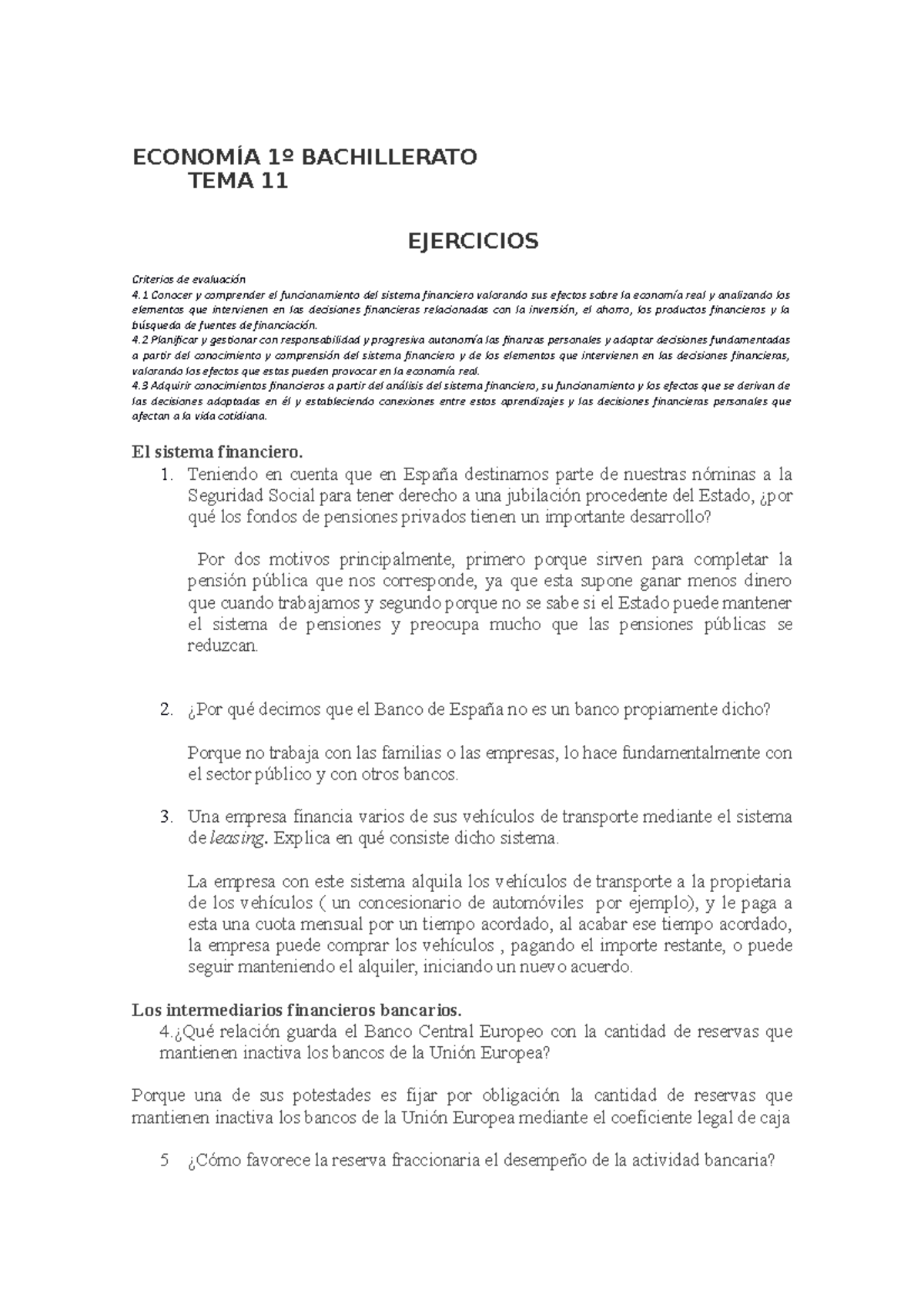 Ejercicios Tema 11 Revisado EconomÍa 1º Bachillerato Tema 11