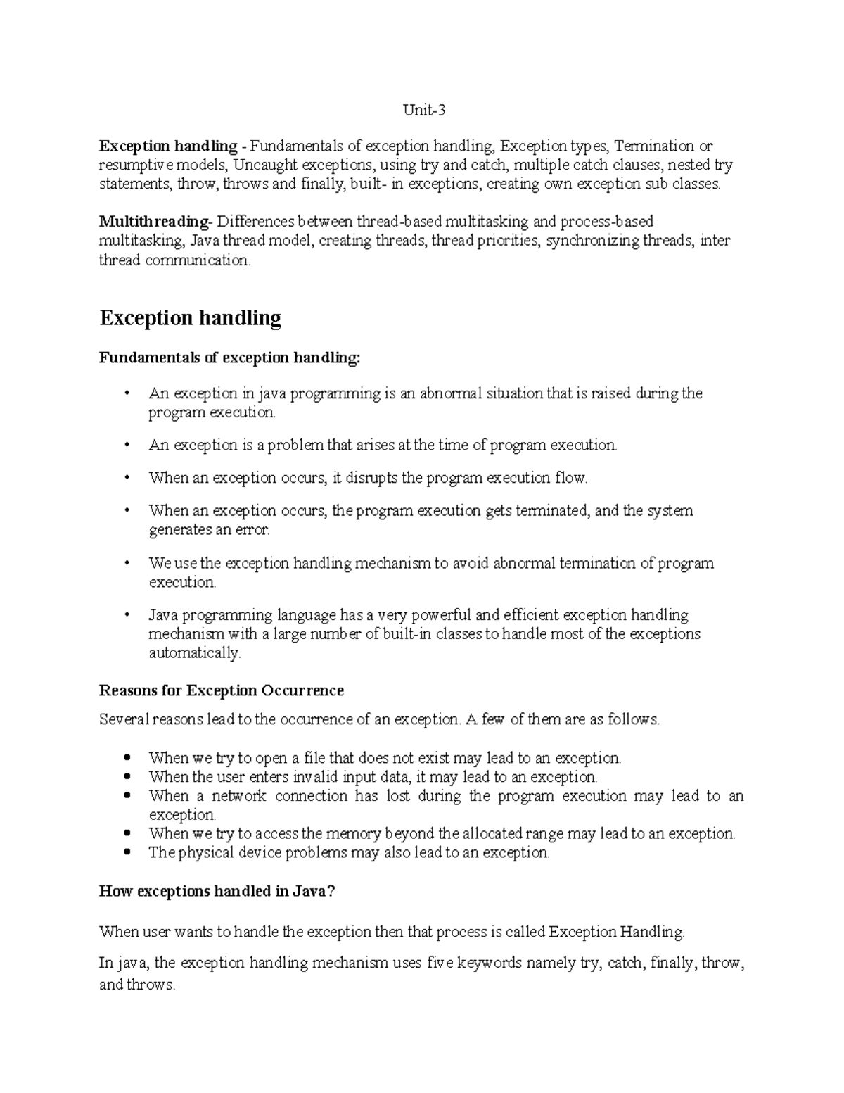 Java Unit3 Nothing Unit Exception handling Fundamentals of