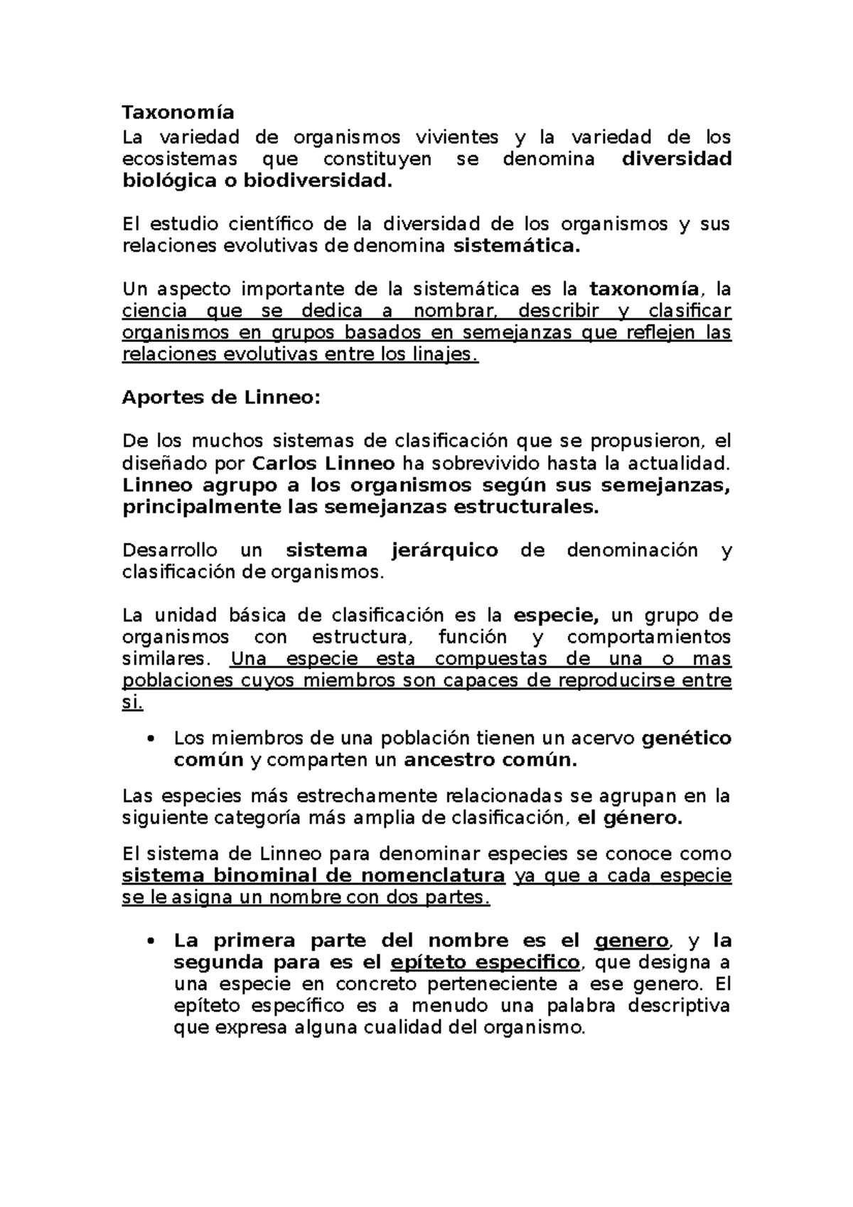 Taxonomía Resumen Biología II La variedad de organismos vivientes y