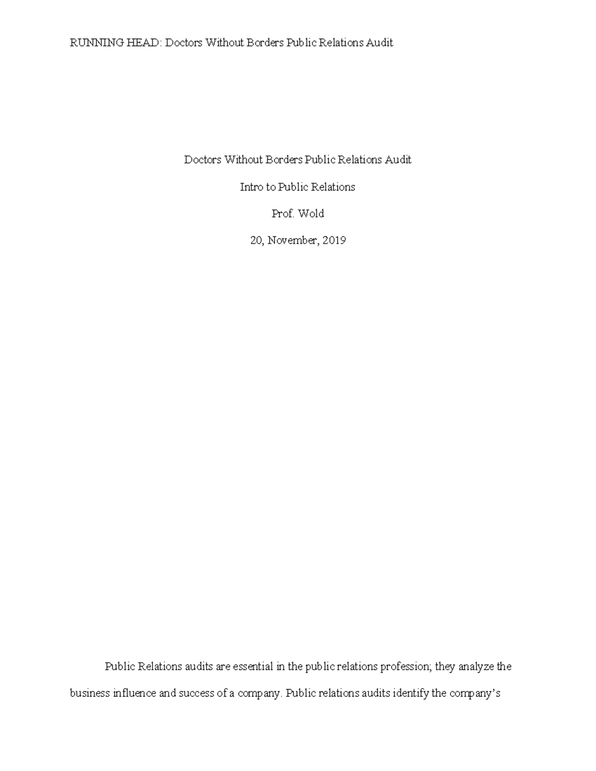 Doctor's Without Boarders PR Audit - RUNNING HEAD: Doctors Without ...