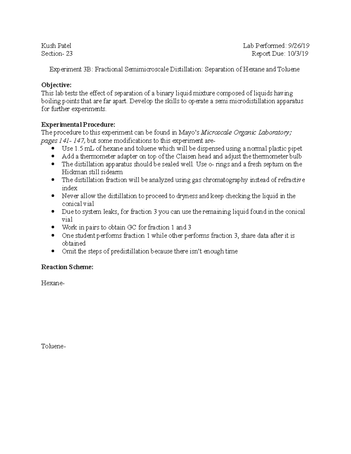 Orgo lab 4 - lab - Kush Patel Lab Performed: 9/26/ Section- 23 Report ...