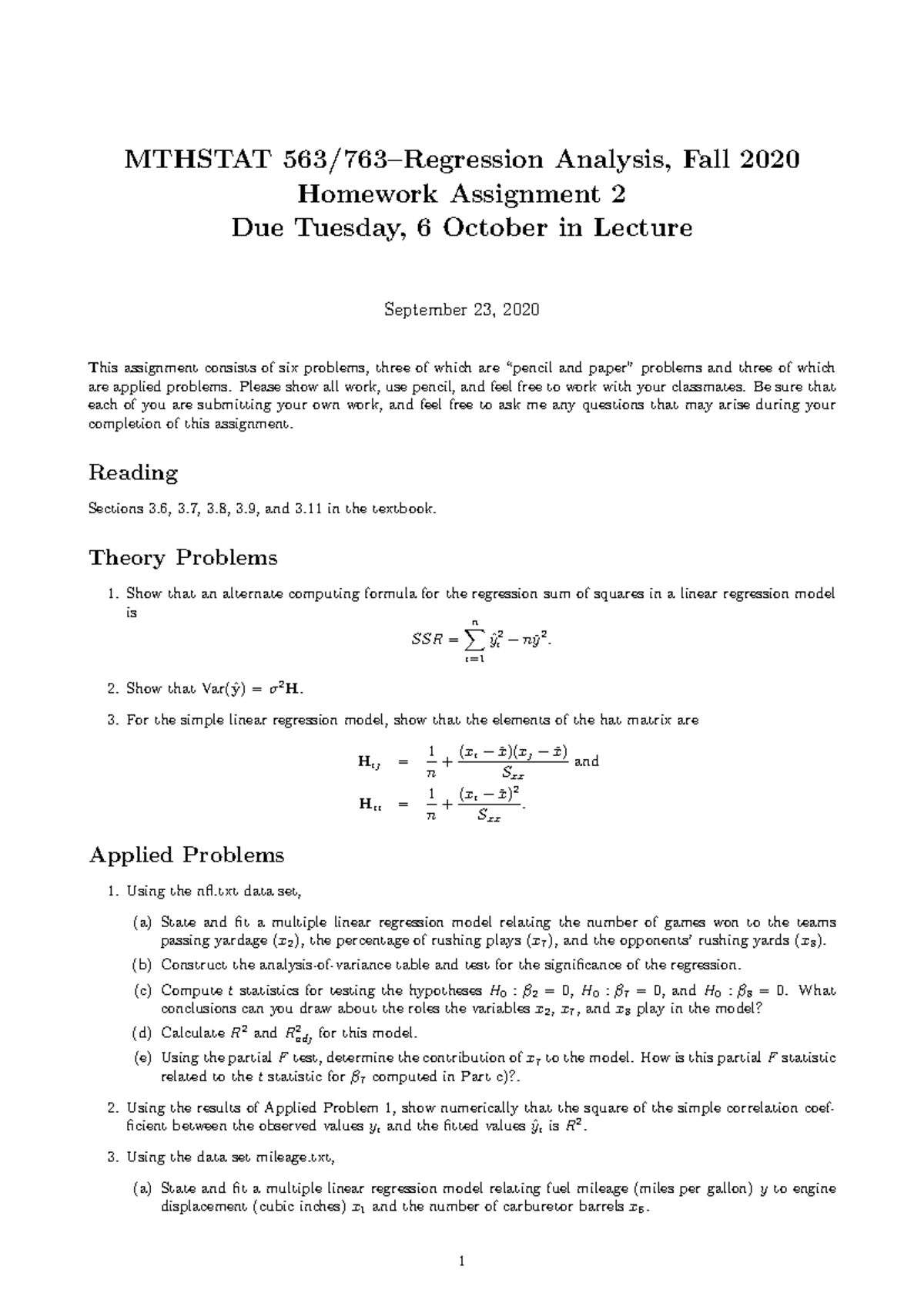 Homework 2 - Regression Analysis HW 2. Chapter 3 "Multiple Linear ...