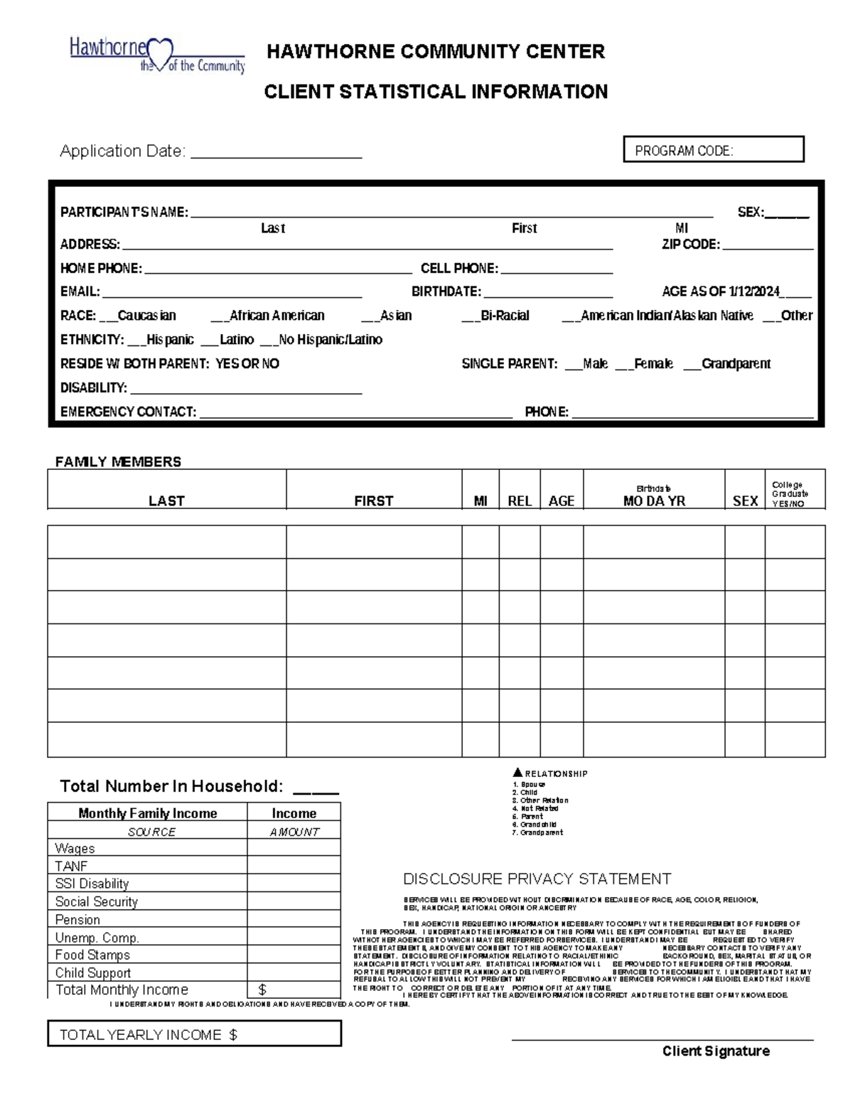 Client Intake Form - HAWTHORNE COMMUNITY CENTER CLIENT STATISTICAL ...