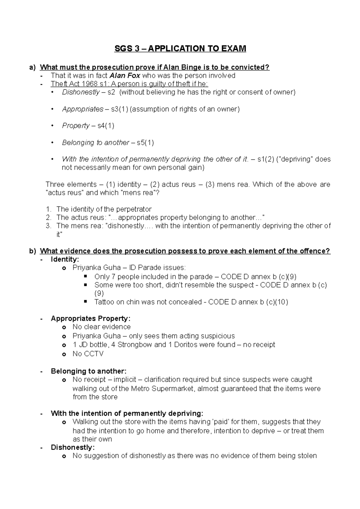 SGS 3 - Theft Application - SGS 3 – APPLICATION TO EXAM a) What must ...