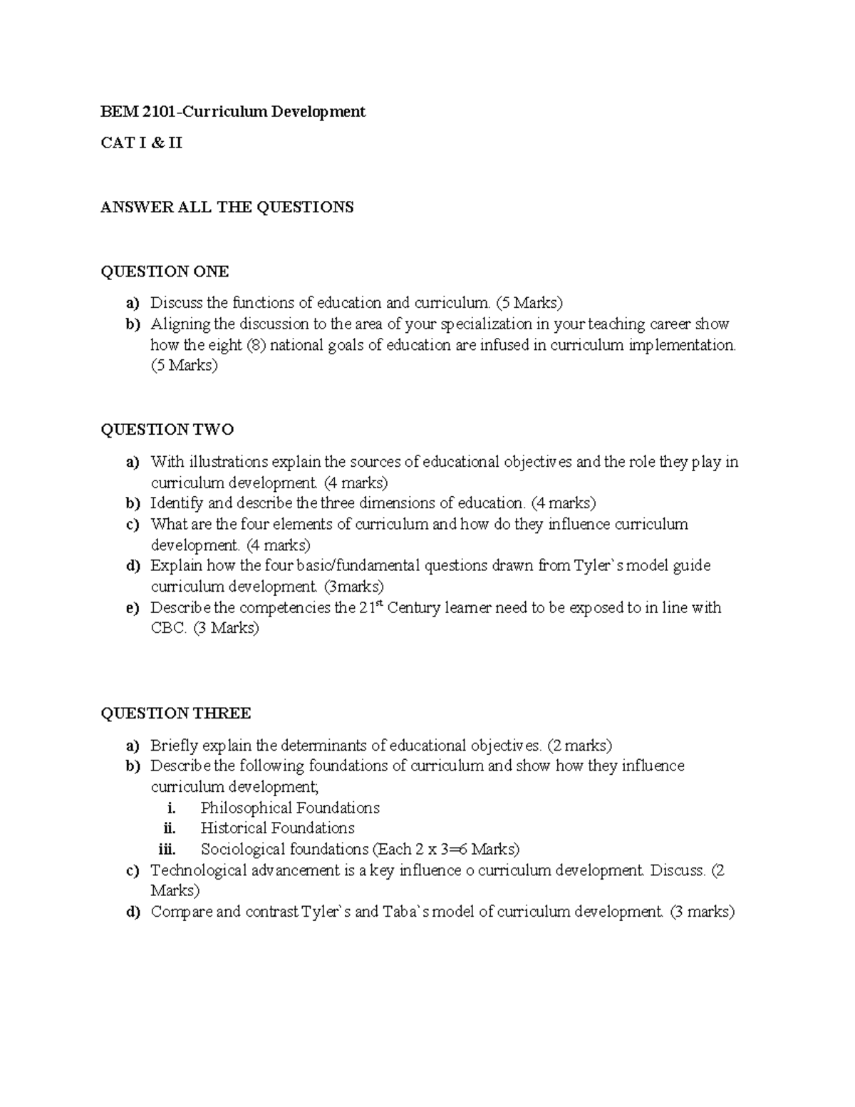 BEM 2101 GEM 6101 Curriculum Devpt CAT 2023 - BEM 2101-Curriculum ...