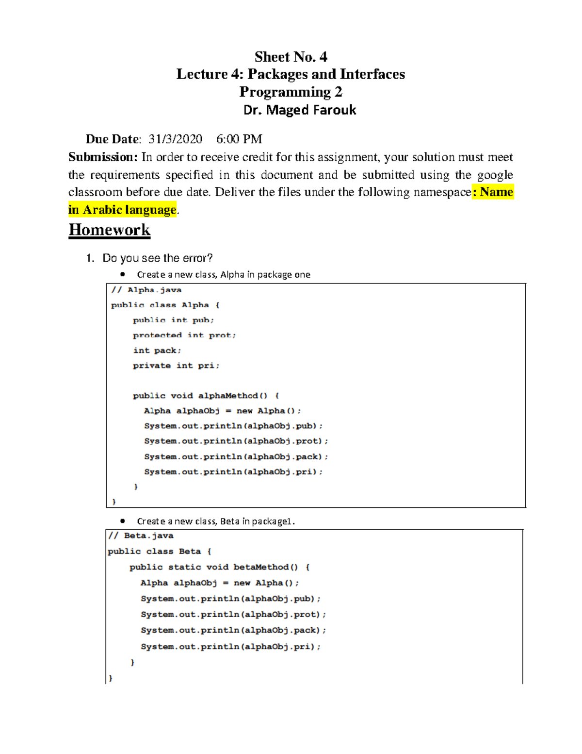 Sheet 4 - programming question using java - Sheet No. 4 Lecture 4 ...
