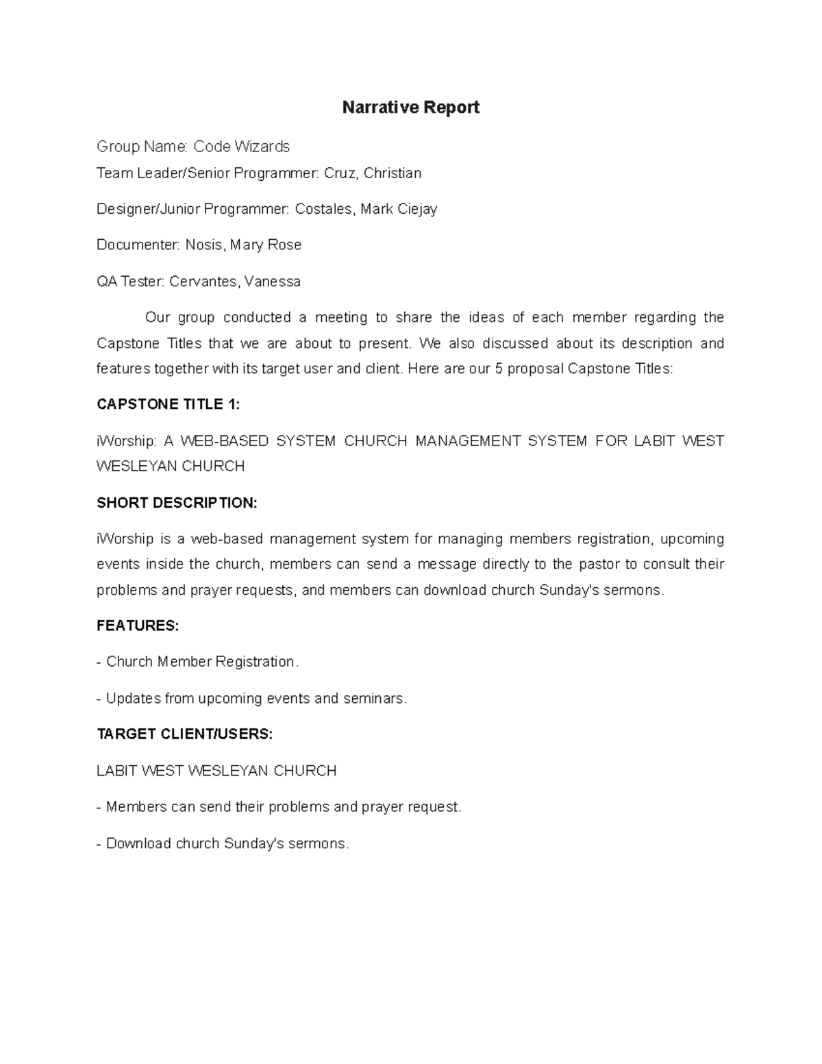 Narrative- Reportcode- Wizards - Narrative Report Group Name: Code ...