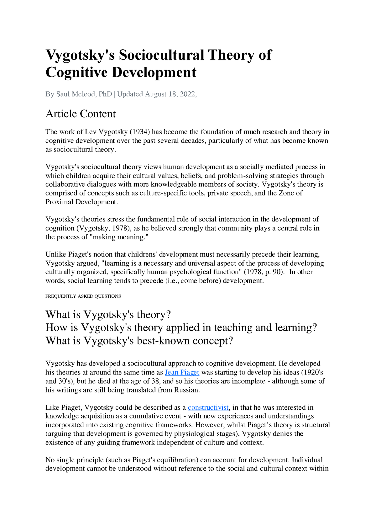 Vygotsk 1 Vygotsky s Sociocultural Theory of Cognitive