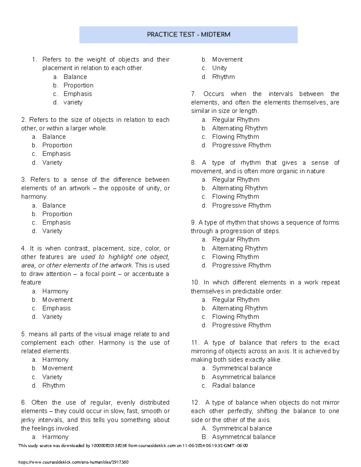 ARTA Practice Test Midterm - Refers to the weight of objects and their ...