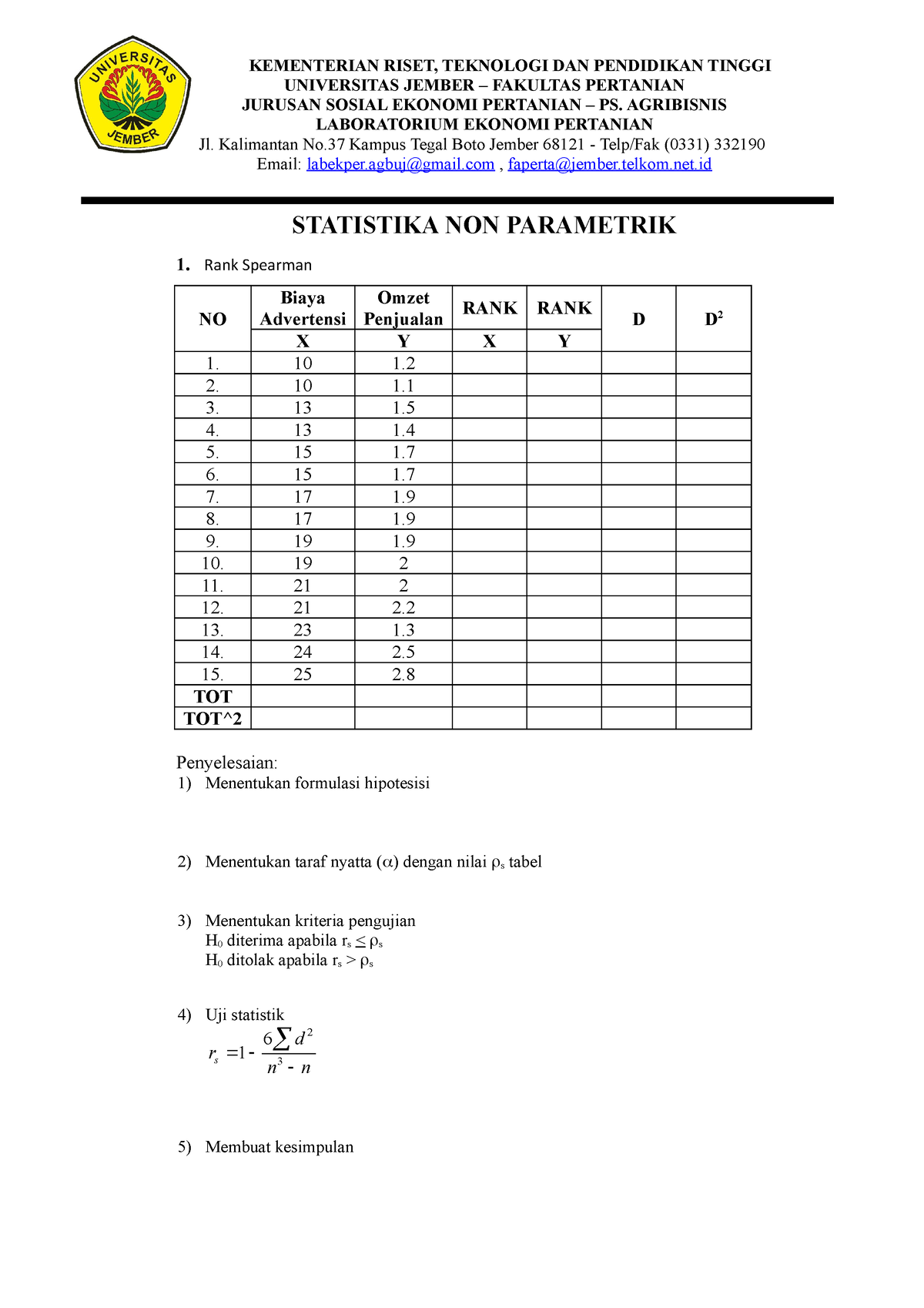 Contoh Soal Non Parametrik - KEMENTERIAN RISET, TEKNOLOGI DAN ...