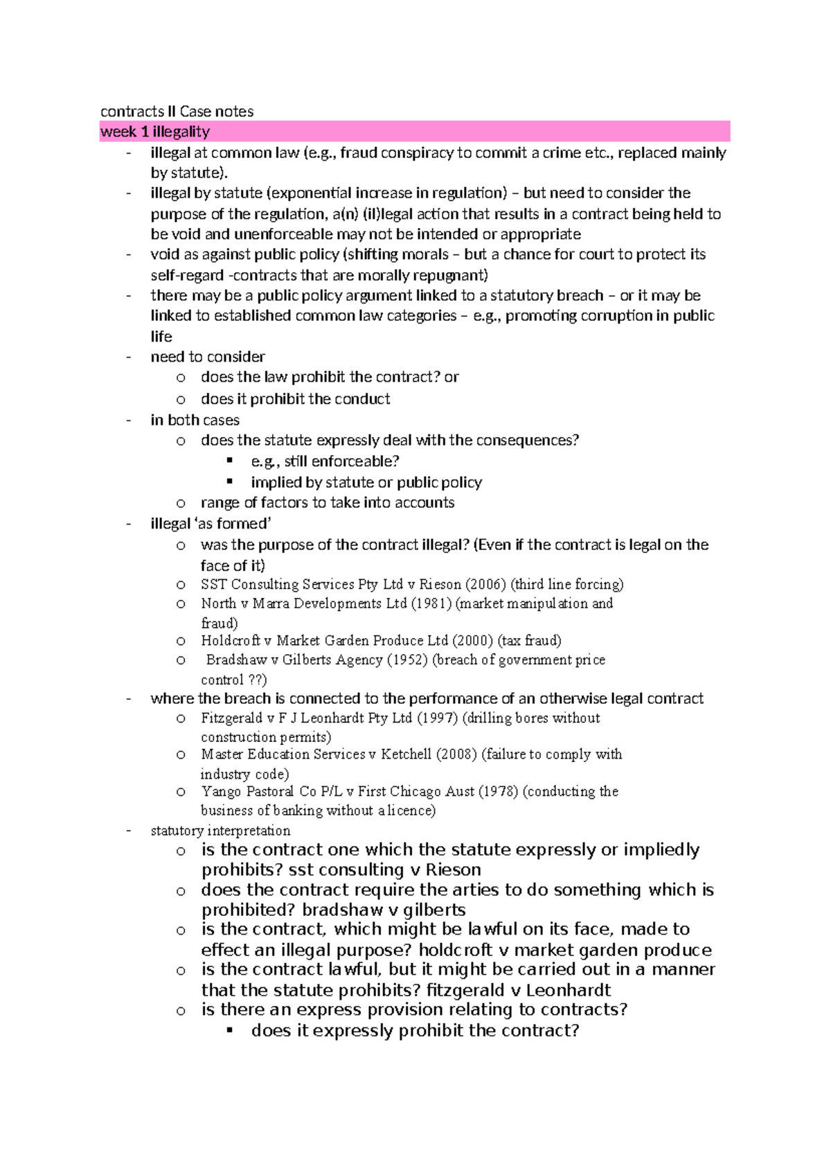 Contracts II Case notes - contracts II Case notes week 1 illegality ...