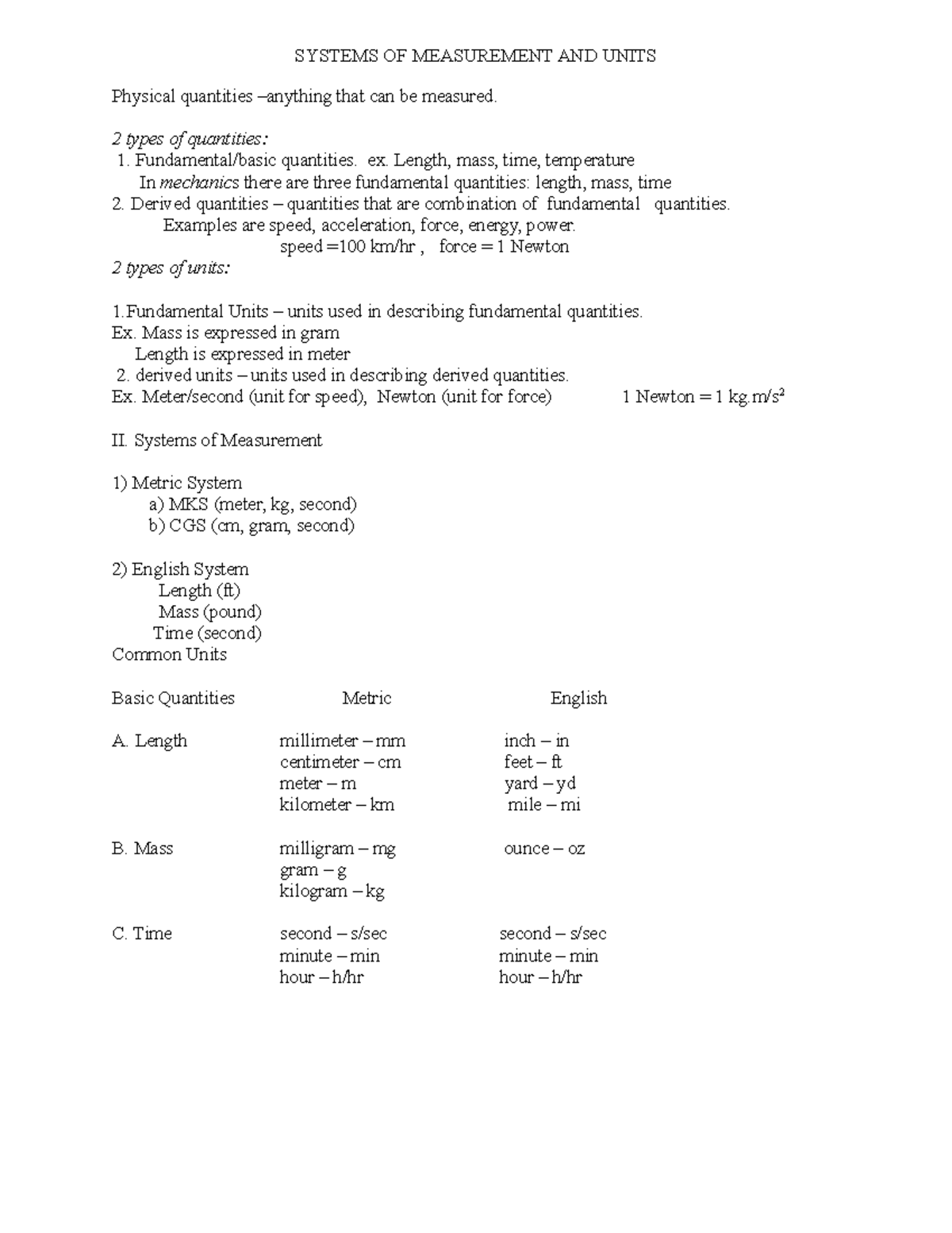 Measurement 2 - Notes - SYSTEMS OF MEASUREMENT AND UNITS Physical ...