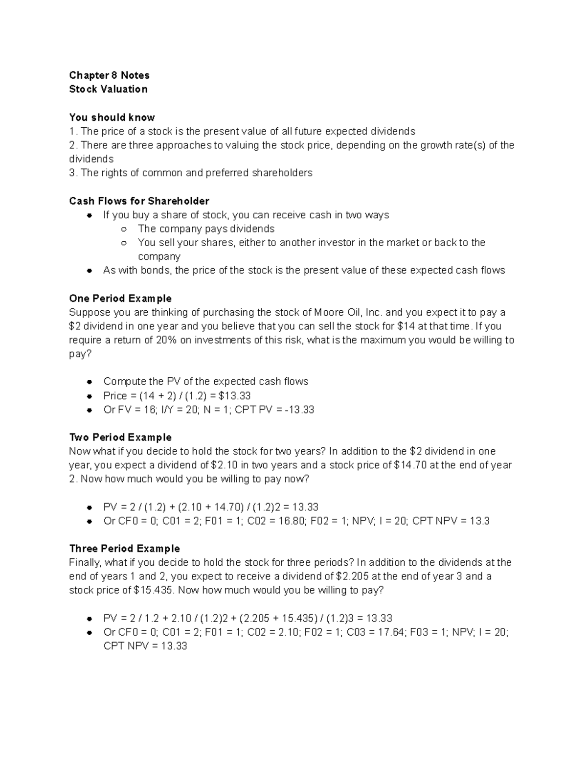 Chapter 8 - Stock Valuation - Chapter 8 Notes Stock Valuation You ...