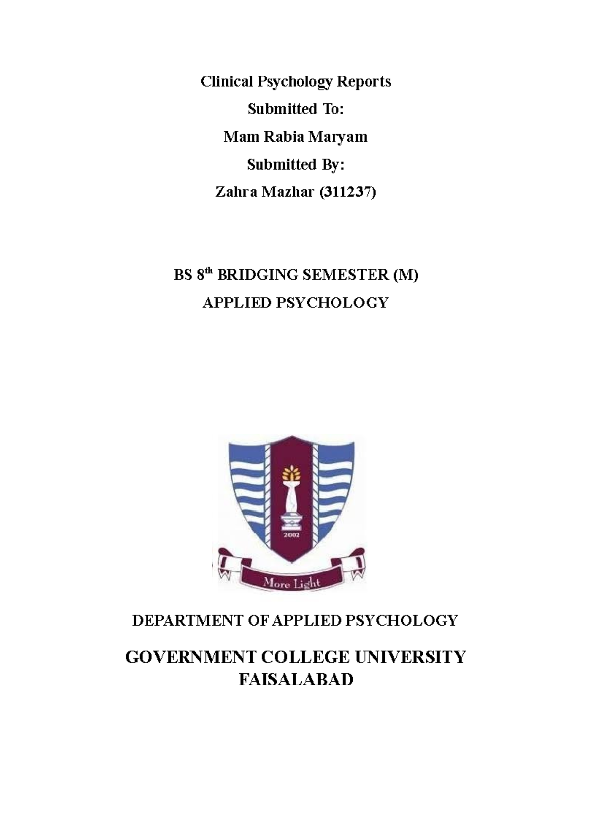 Zahra 1 - Clinical Psychology Reports Submitted To: Mam Rabia Maryam ...