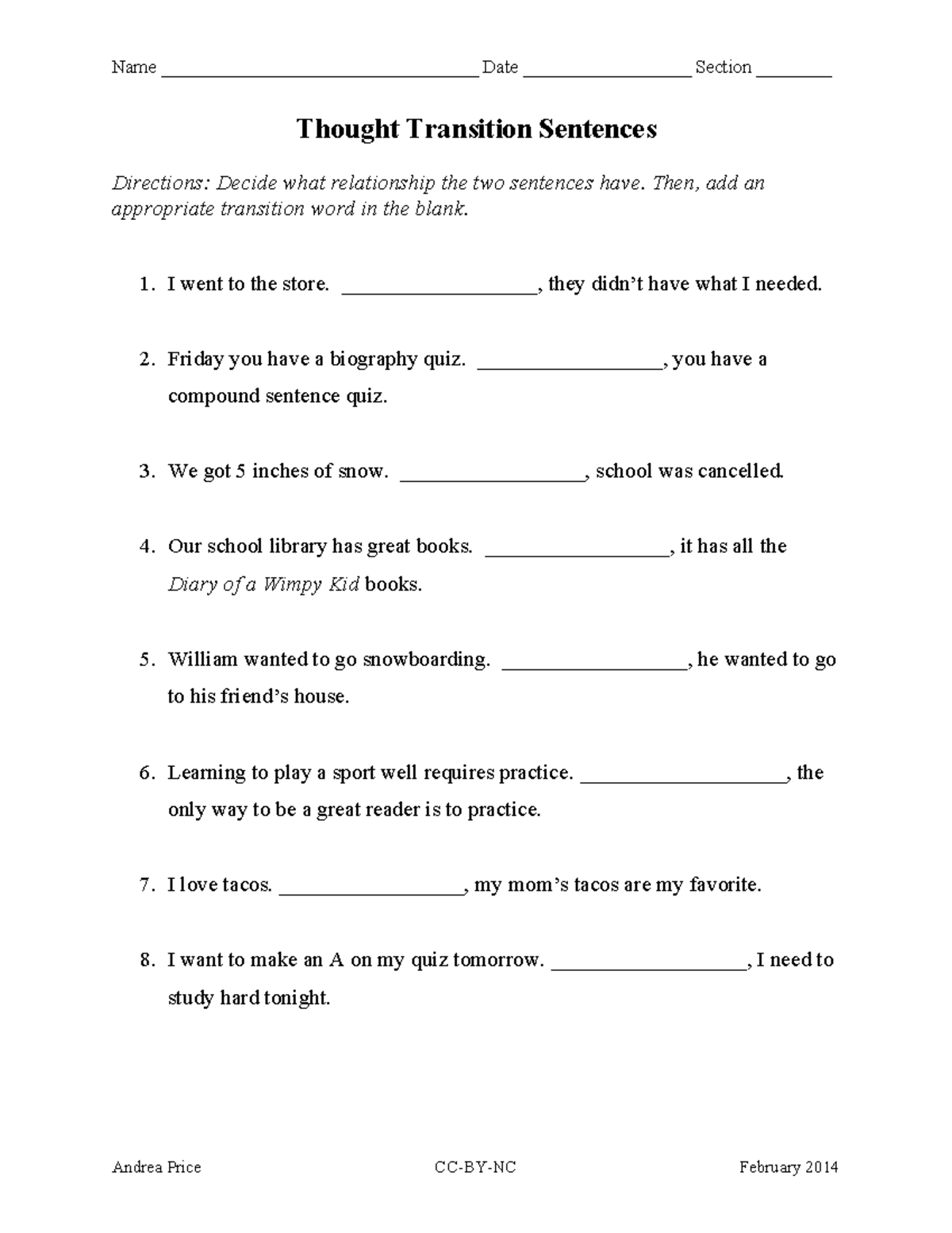 Thought Transition Sentences Worksheet for Transitions - Name