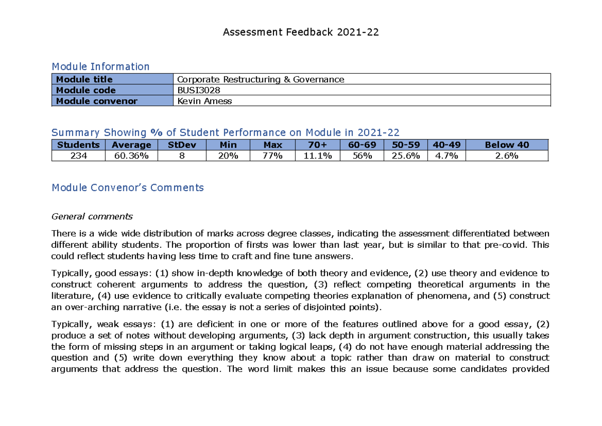 2021 Exam Feedback Summary Corporate Restructuring and Governance