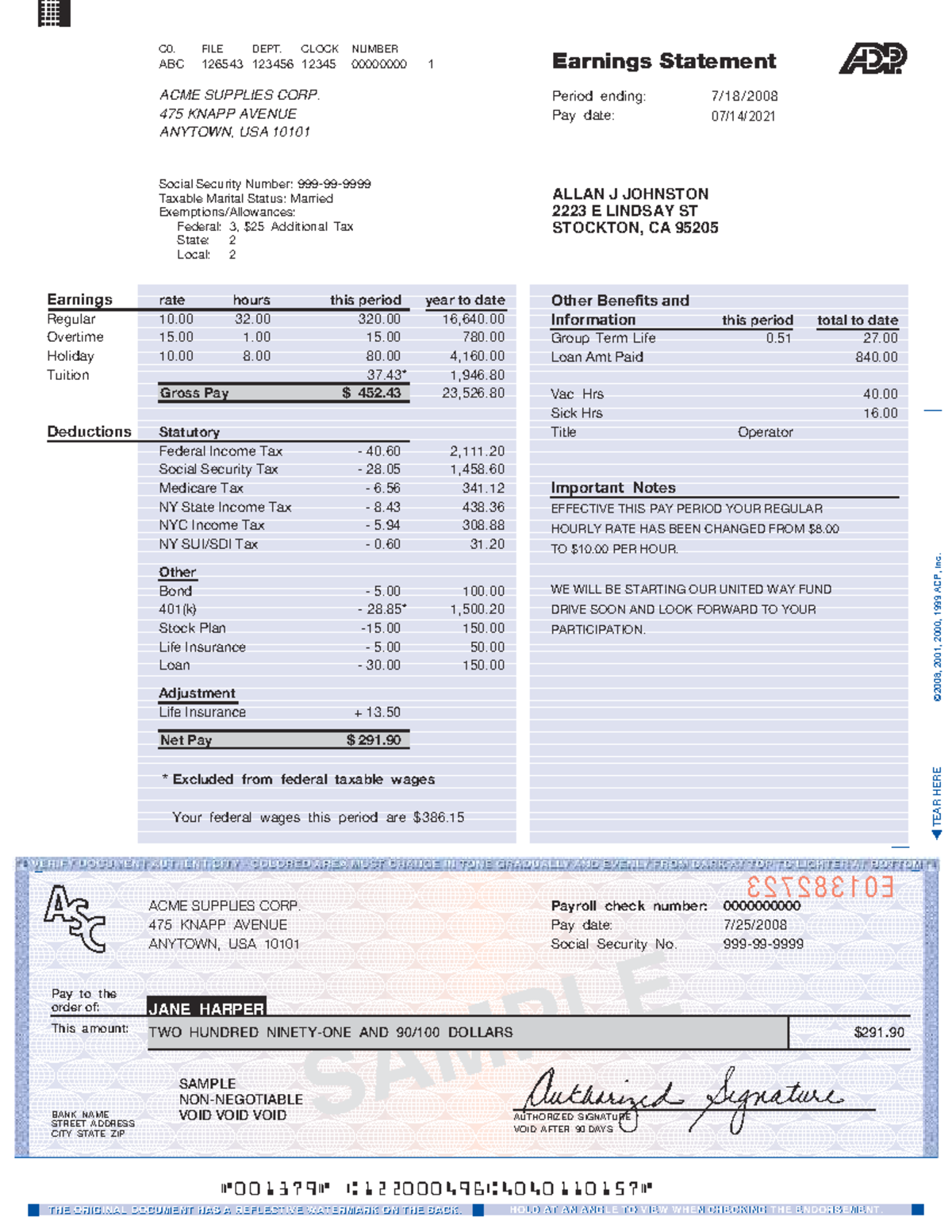 Adp Pay Stub Template 4 SAMPLE TEAR HERE 8 2001 2000 1999 A DP 