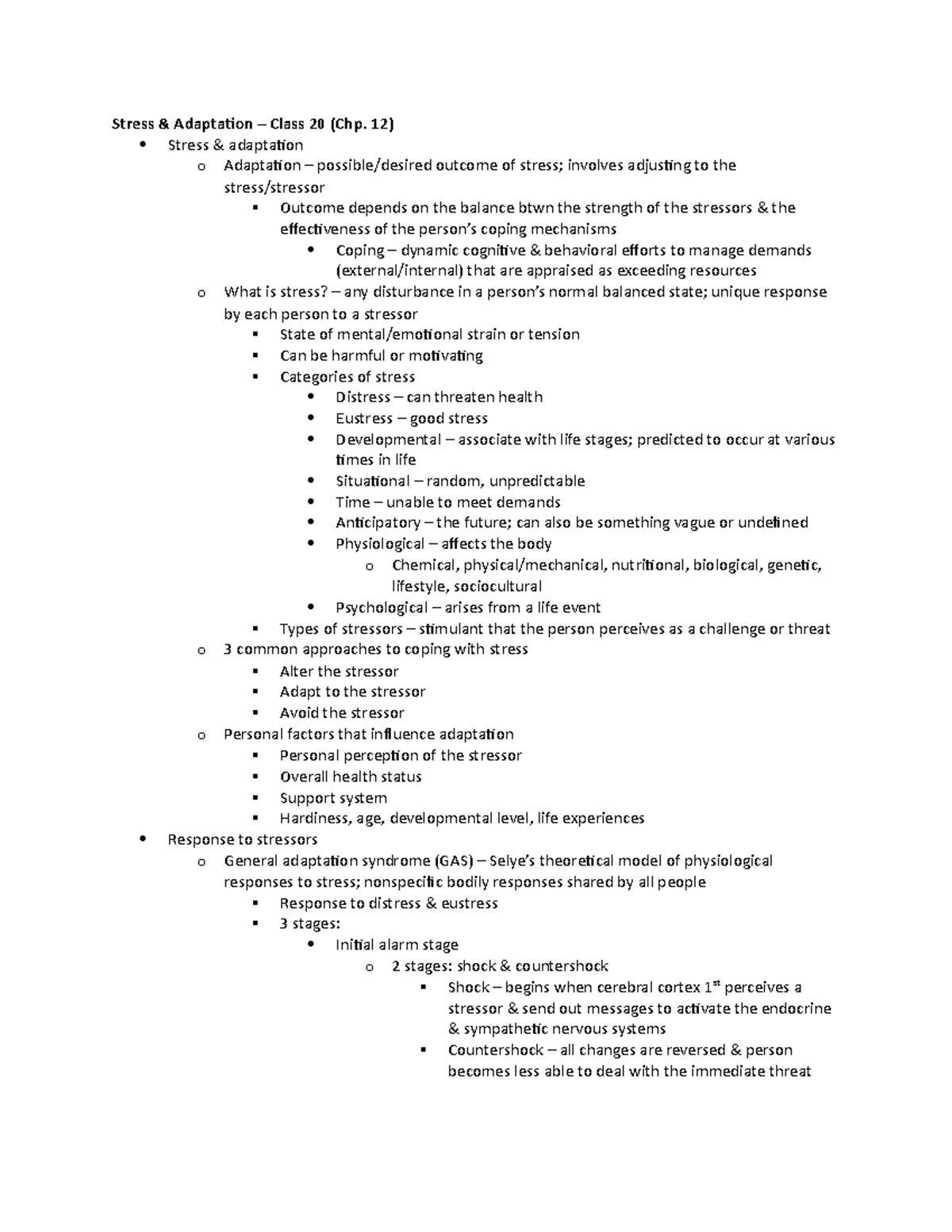 Nursing Fundamentals - Stress & Adaptation - Stress & Adaptaion – Class ...