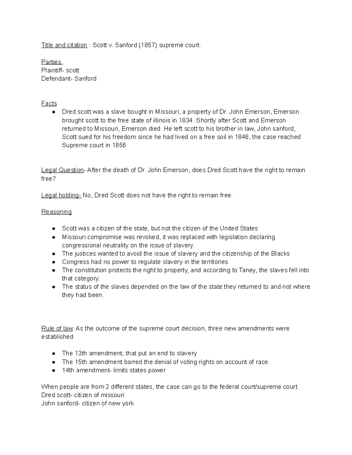 Dred scott vs sanford brief case Title and citation Scott v. Sanford 1857 supreme court. Studocu