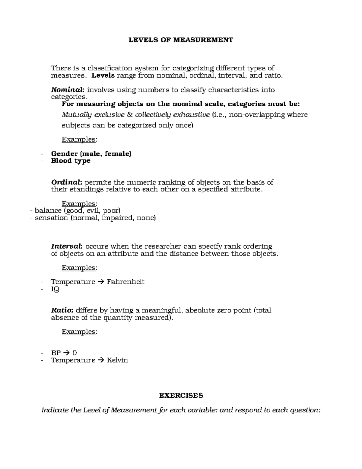 Research- levels of measurement - LEVELS OF MEASUREMENTLEVELS OF ...
