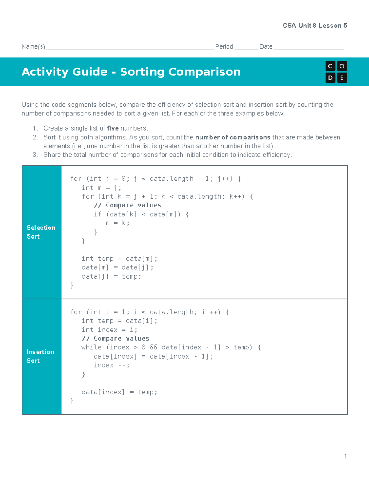 CSA U8L5 Sorting Comparison - CSA Unit 8 Lesson 5 Name(s) - Studocu