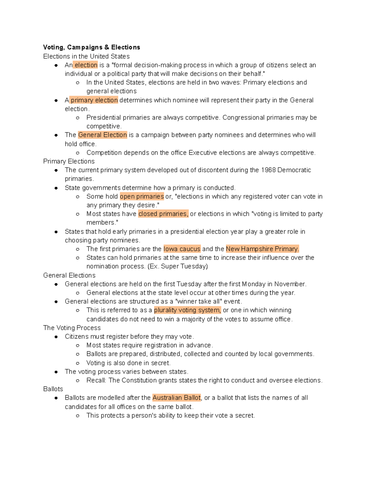 Gov Chapter 6 - lecture notes - Voting, Campaigns & Elections Elections ...