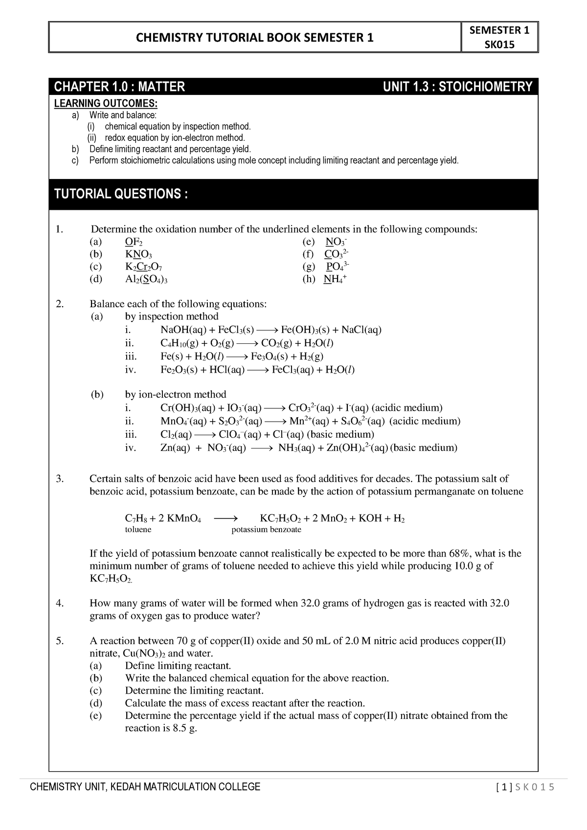 Chemistry Tuto Tm1 - Tutorial Work - CHEMISTRY TUTORIAL BOOK SEMESTER 1 ...