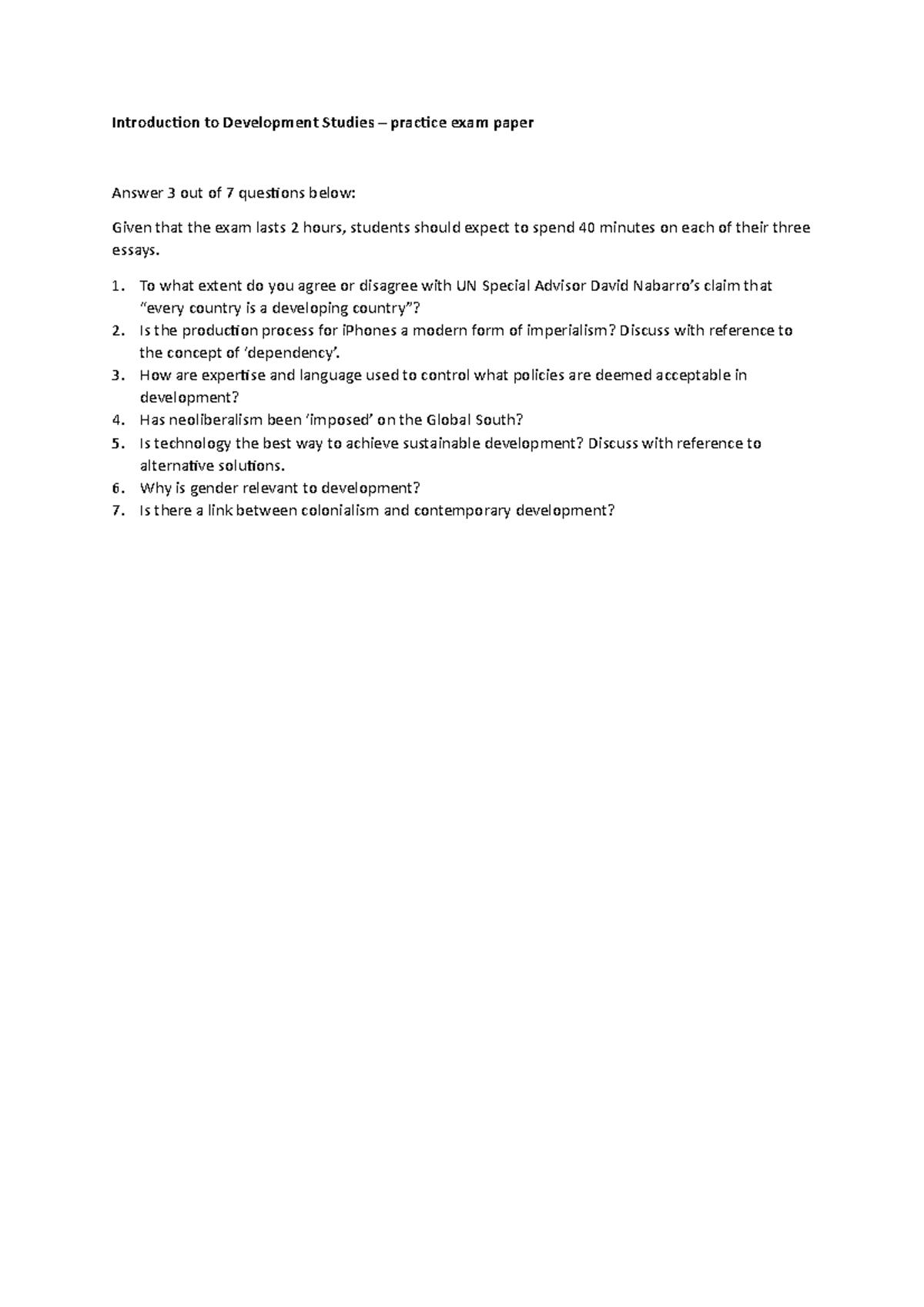 Practice exam 2018, questions - Introduction to Development Studies ...